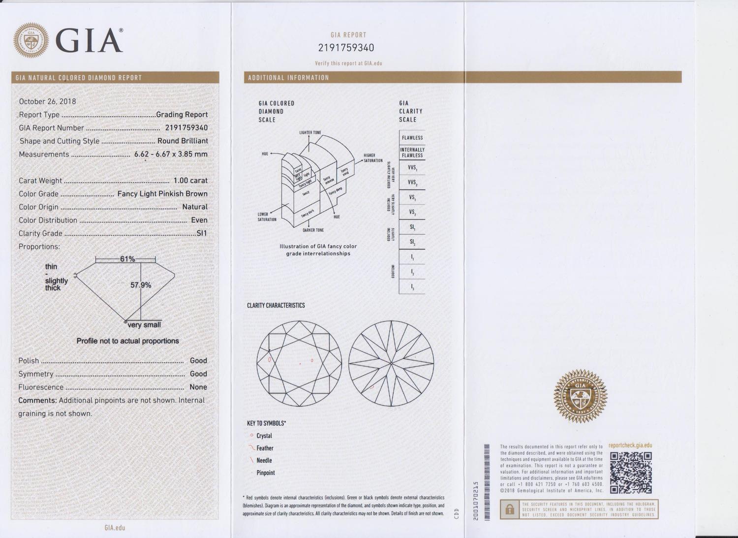 A 1.00 Carat Natural, Fancy Light Pinkish Brown Diamond,