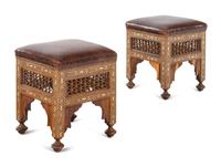 A Pair of Syrian Bone Inlaid Ottomans with Leather Upholstery