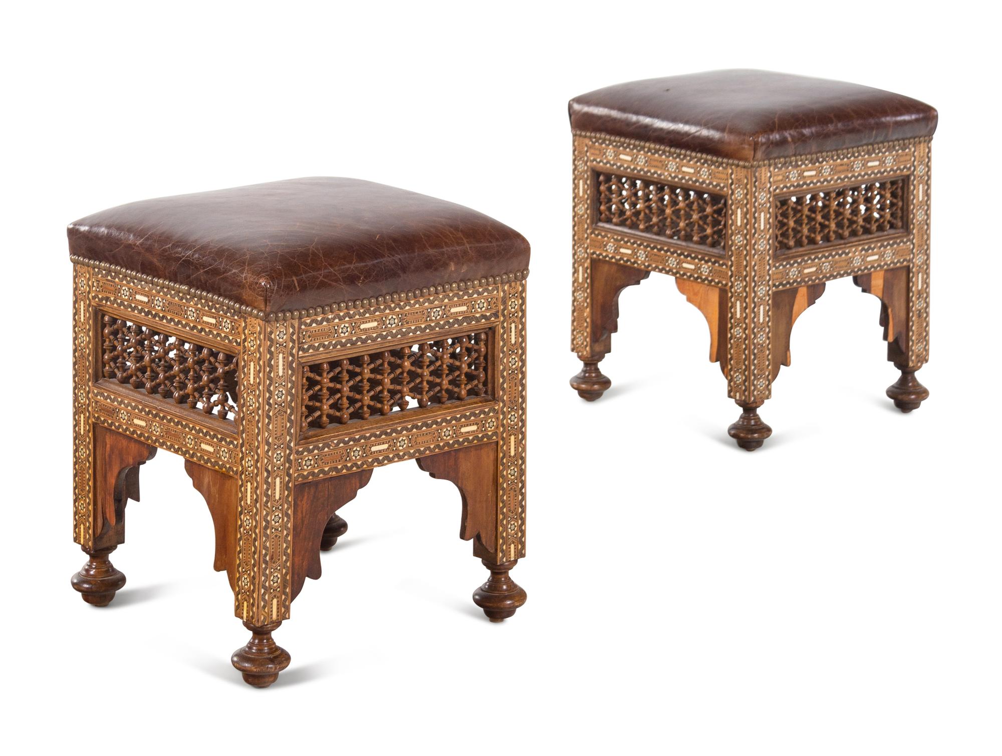 A Pair of Syrian Bone Inlaid Ottomans with Leather Upholstery
