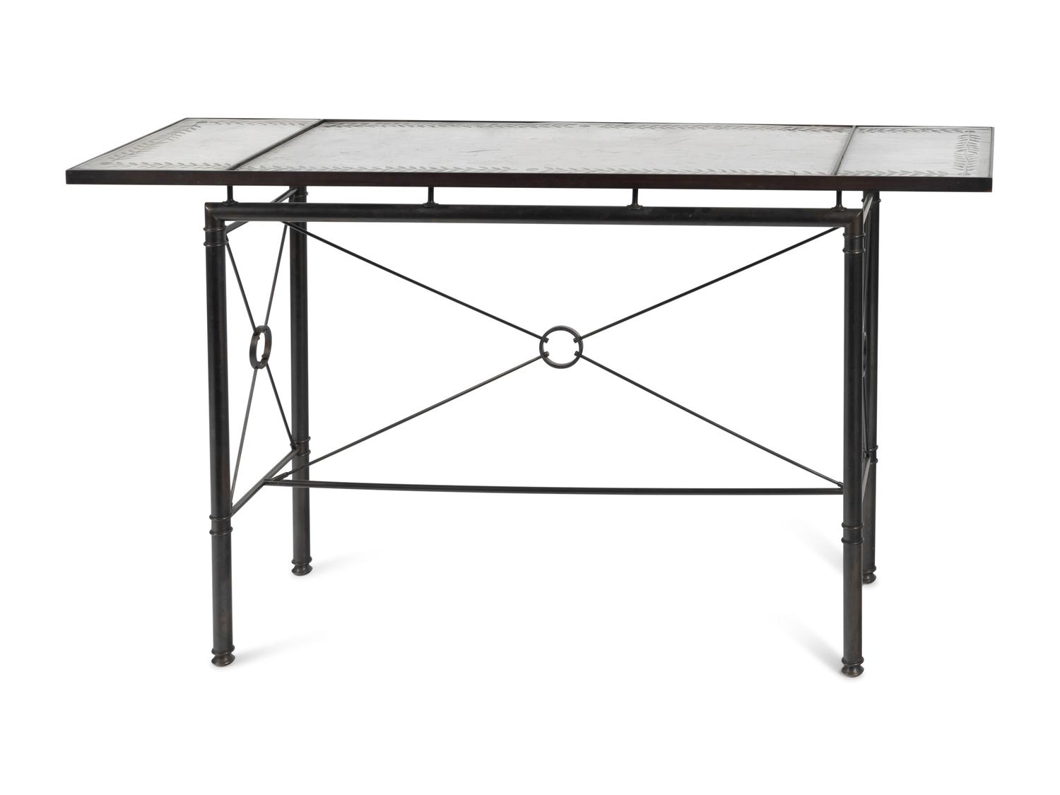 A Pair of Etched Glass-Top Patinated Metal Console Tables