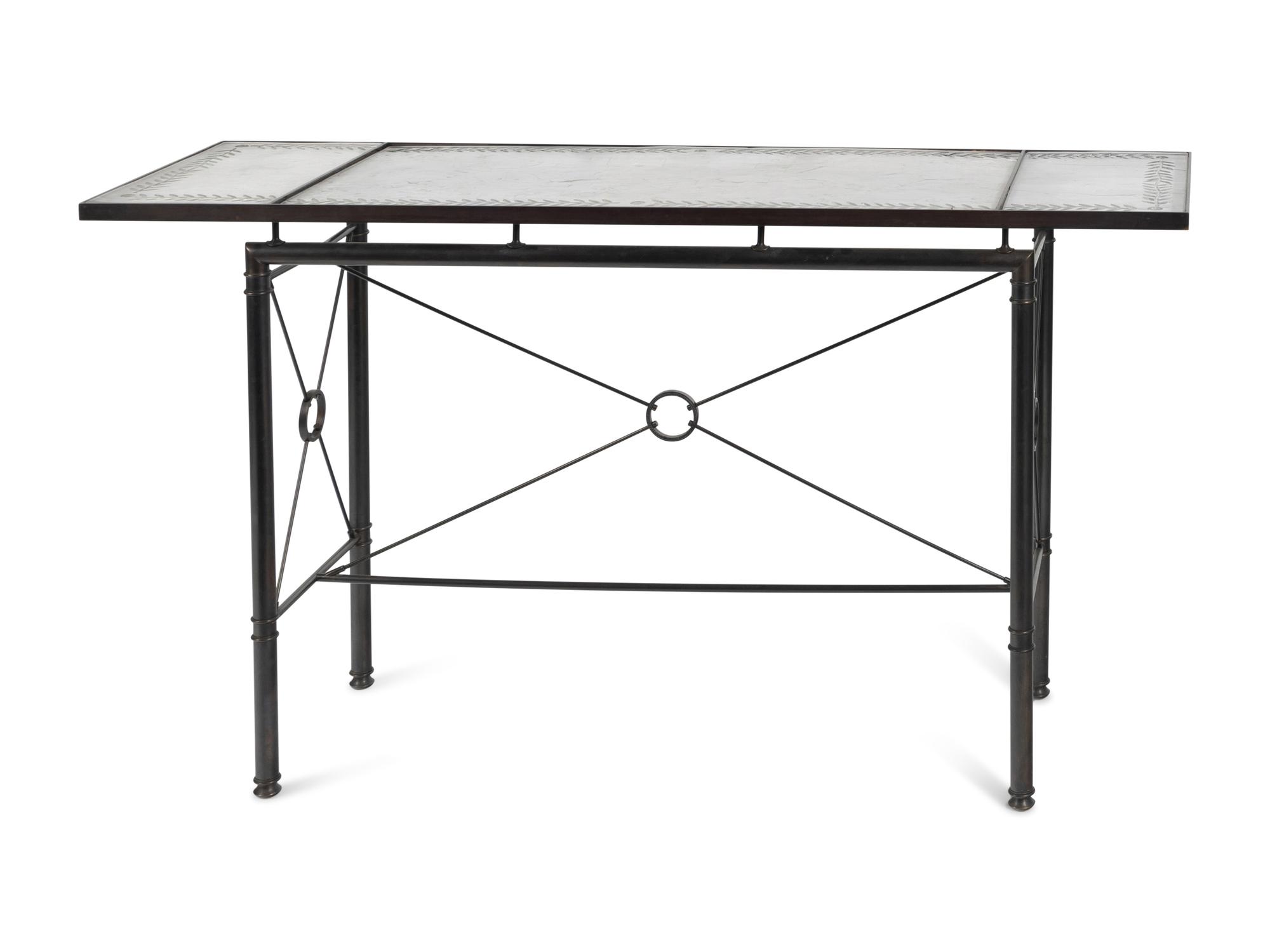 A Pair of Etched Glass-Top Patinated Metal Console Tables