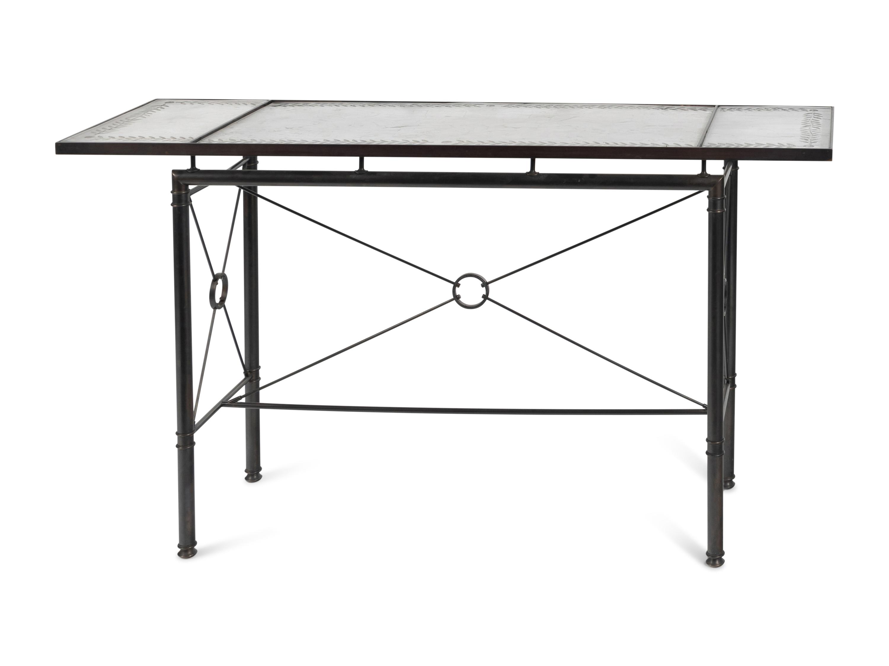 A Pair of Etched Glass-Top Patinated Metal Console Tables