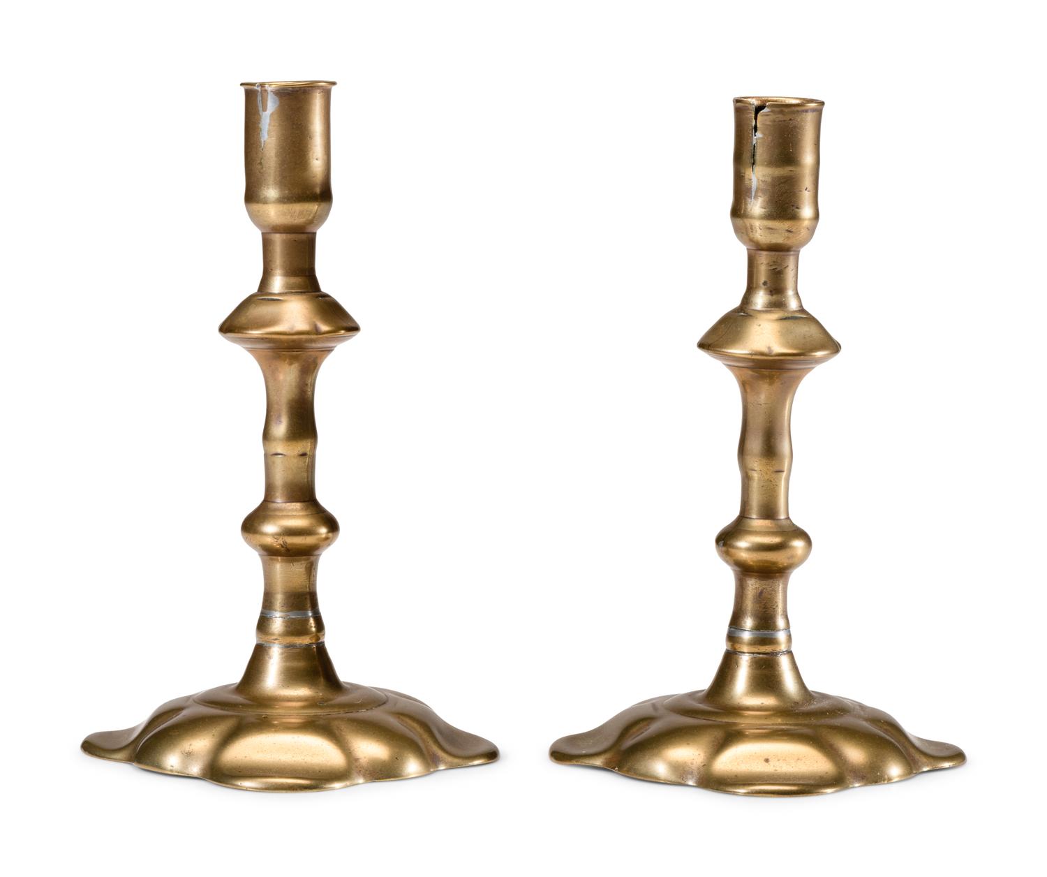 A Pair of English Brass Scalloped-Foot Candlesticks