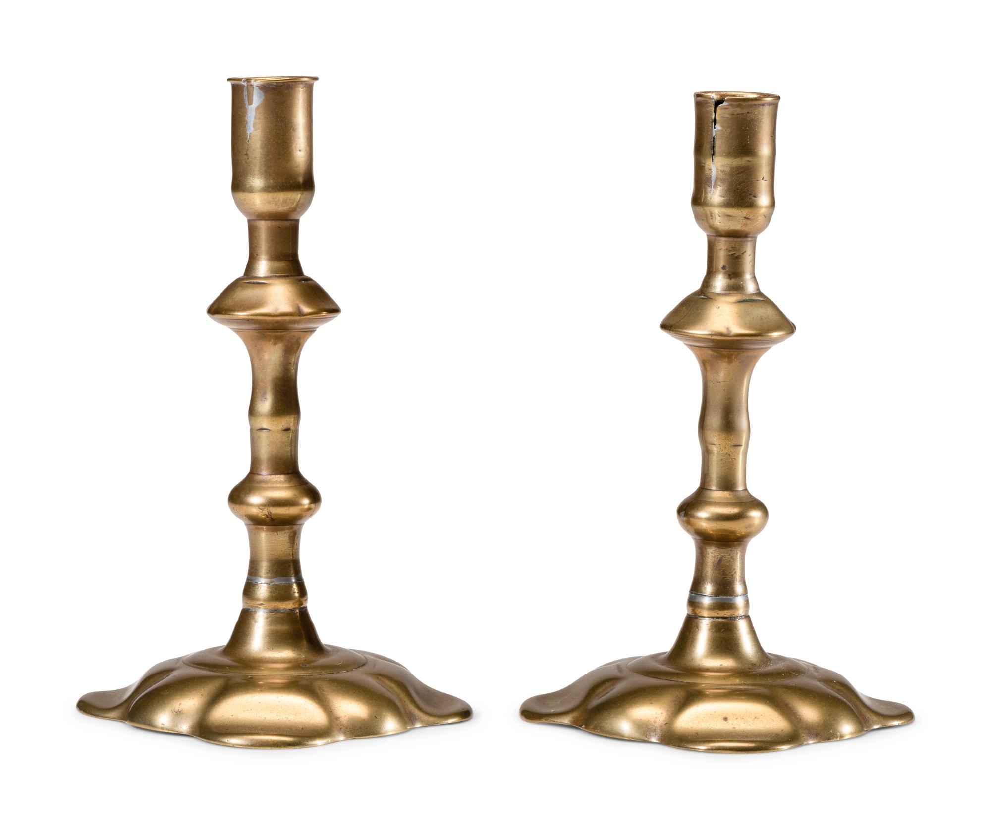 A Pair of English Brass Scalloped-Foot Candlesticks