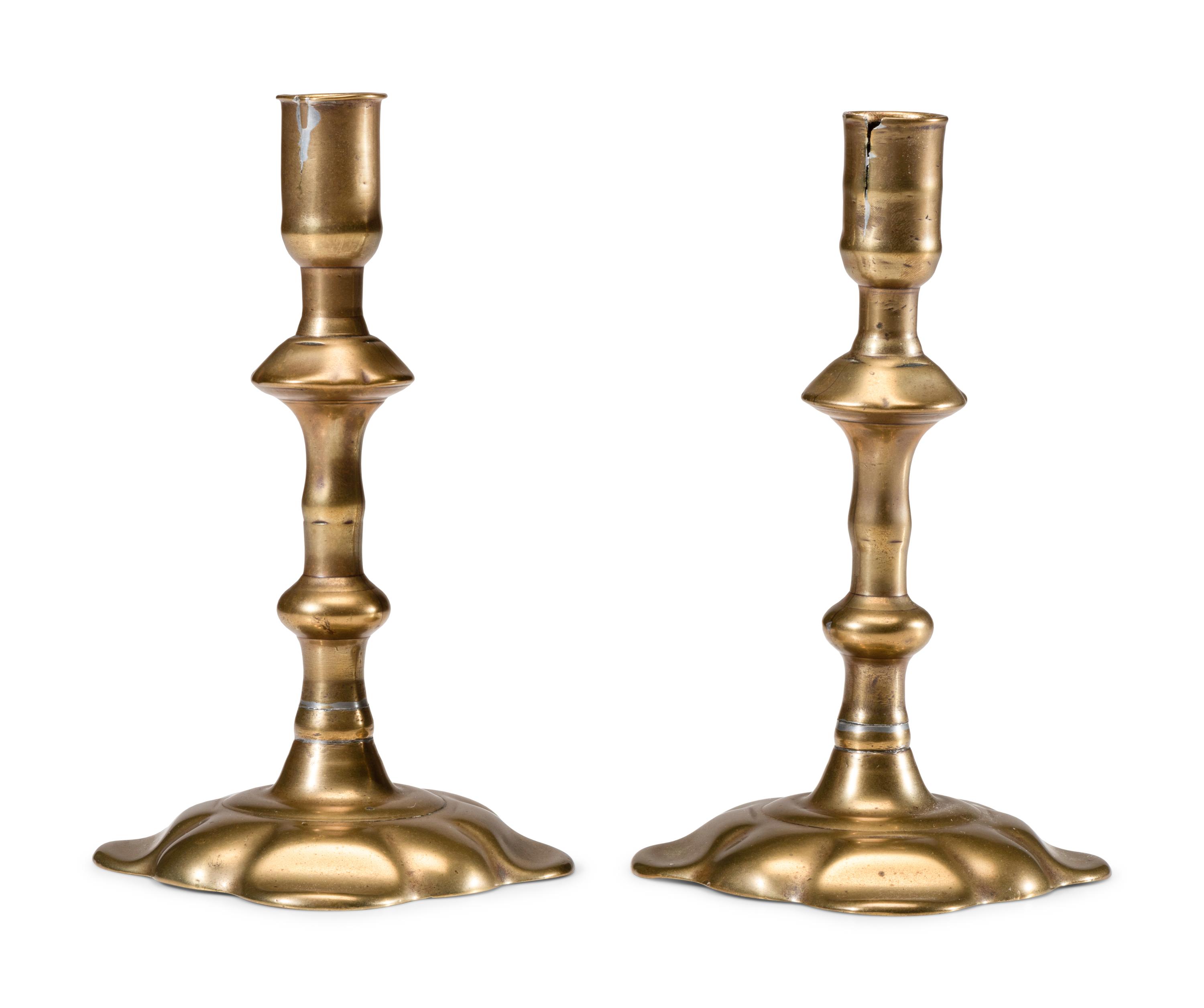 A Pair of English Brass Scalloped-Foot Candlesticks