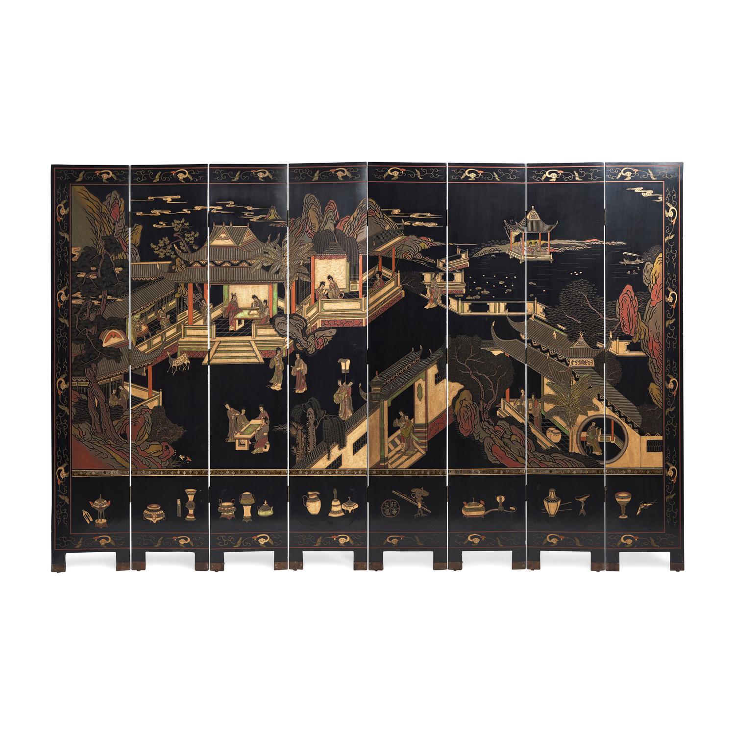 A Chinese Eight-Panel Coromandel Screen, 20th Century 近代 款彩八扇屏