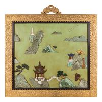 A Pair of Chinese Export Gilt Bronze-Framed Hardstone Inset Lacquered Wall Panels — 20TH CENTURY
