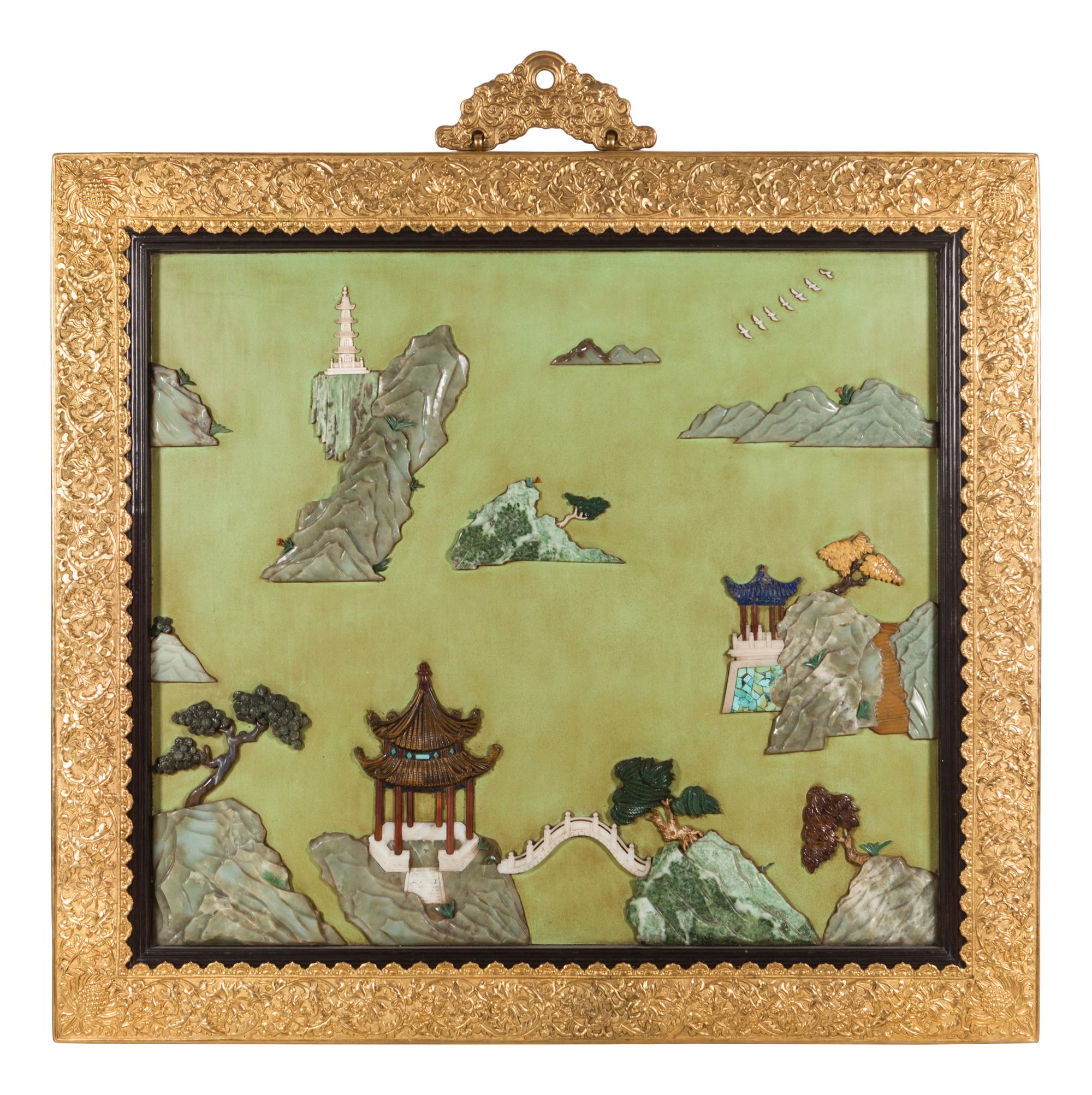 A Pair of Chinese Export Gilt Bronze-Framed Hardstone Inset Lacquered Wall Panels — 20TH CENTURY