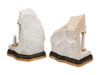 A Pair of Parcel Gilt Carved Carrara Marble Models of Ruins on Painted Wood Bases