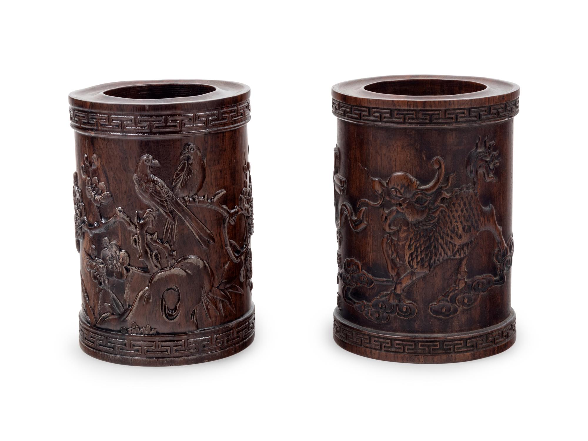 Two Chinese Carved Hardwood Brush Pots, Bitong