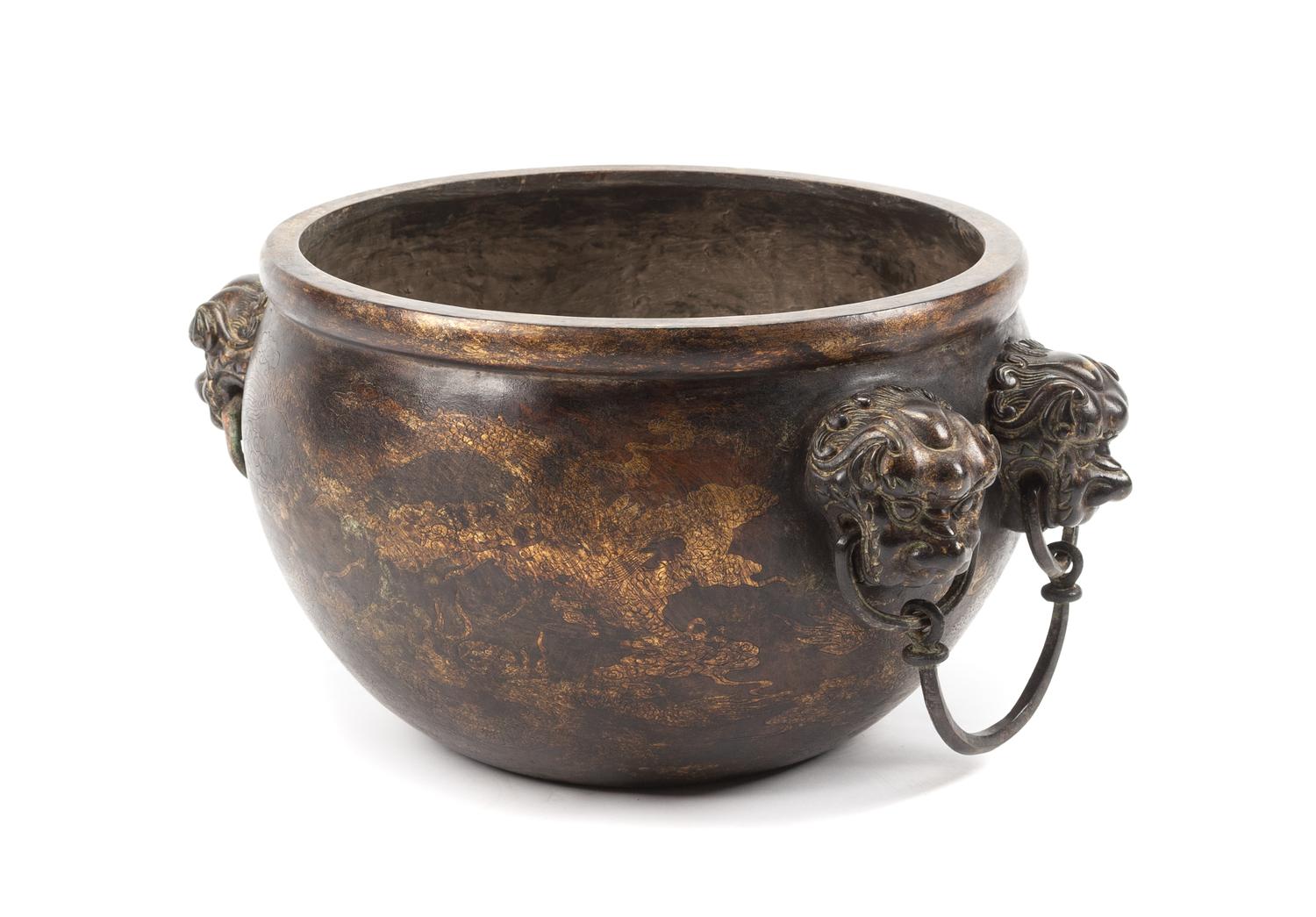 A Chinese Bronze and Mixed Metal Jardiniere Height 9 x width 17 inches.