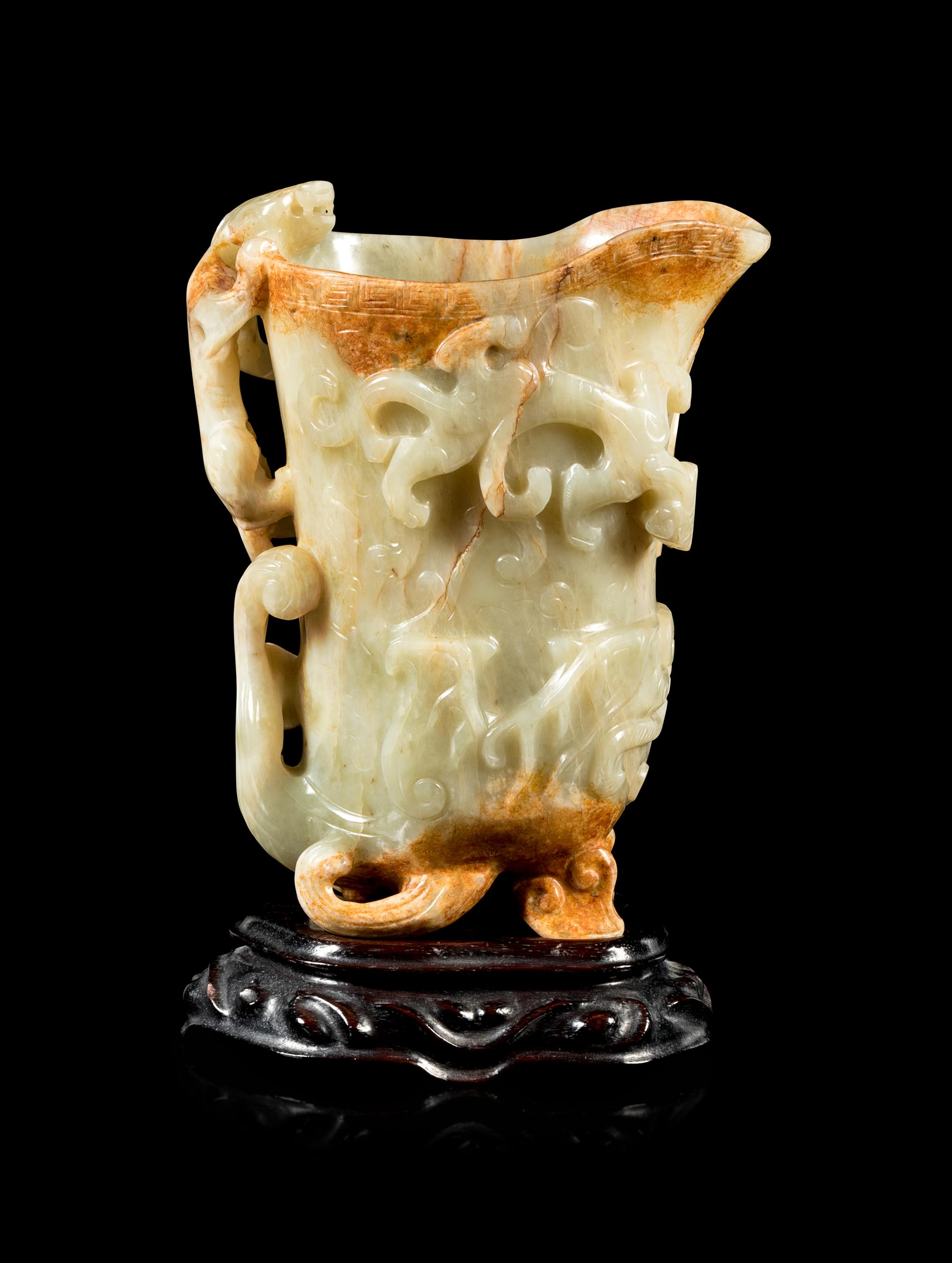 A Russet and Pale Celadon Jade 'Chilong' Rhyton Cup