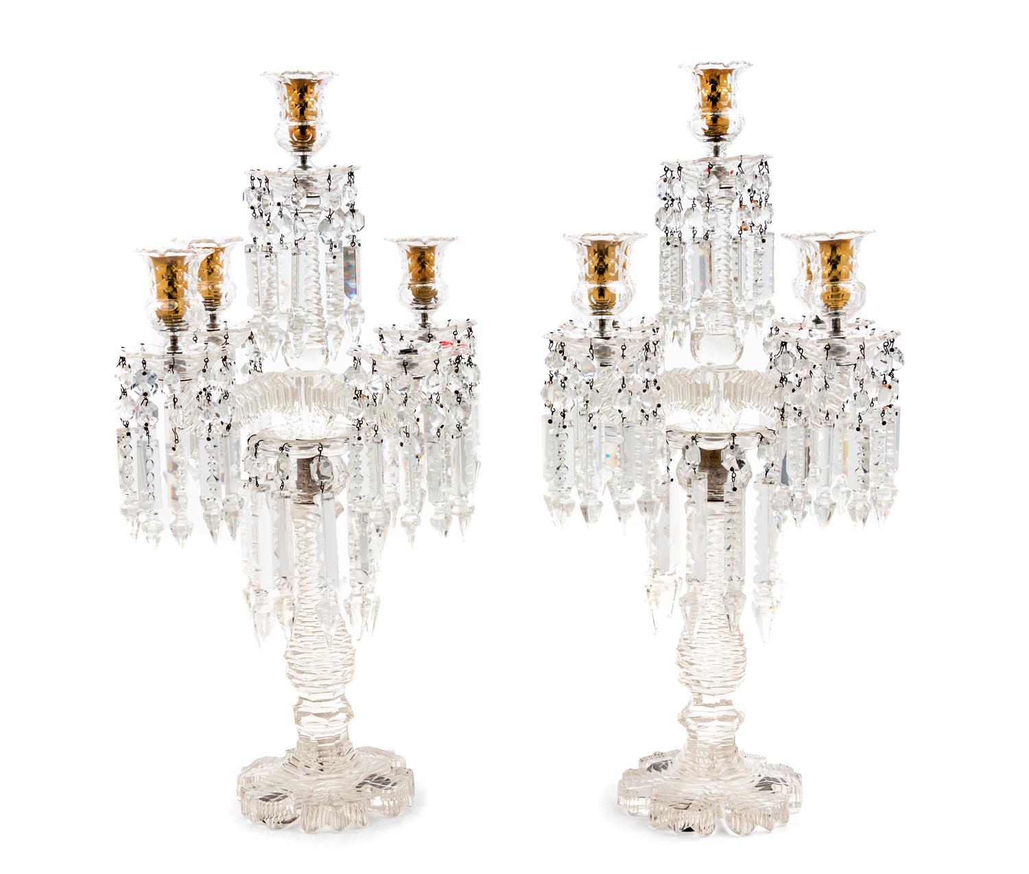 A Pair of Cut Glass Five-Light Candelabra