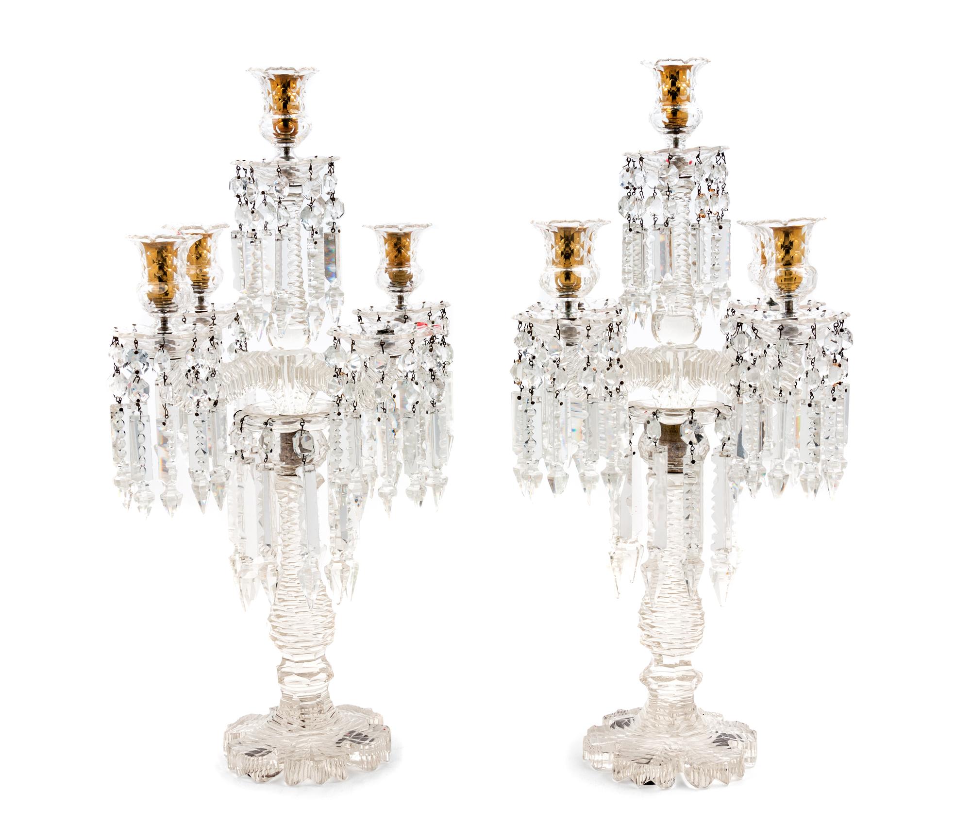 A Pair of Cut Glass Five-Light Candelabra