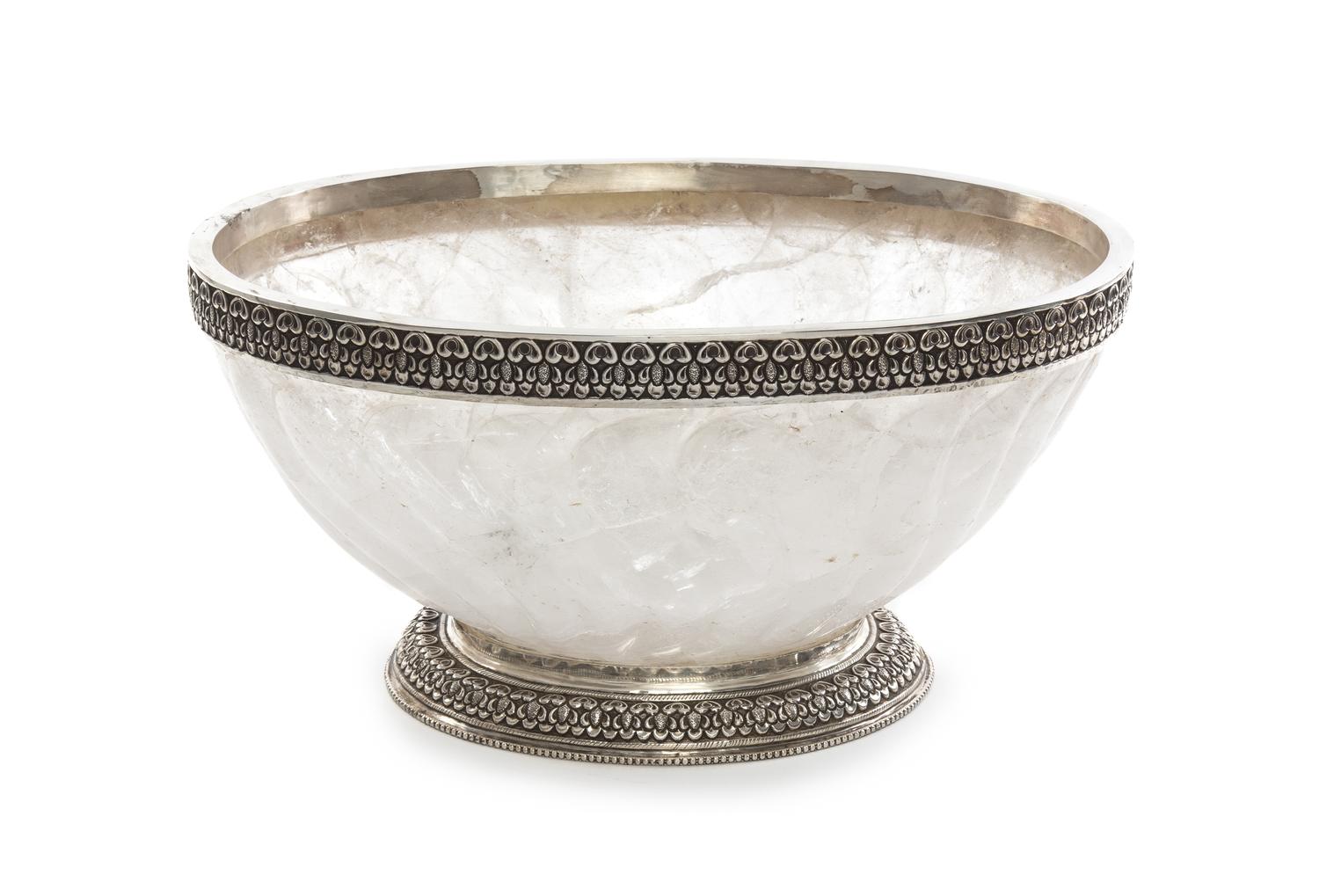 A Silvered Metal Mounted Carved Rock Crystal Center Bowl Diameter 17 1/2 inches. — 20TH CENTURY