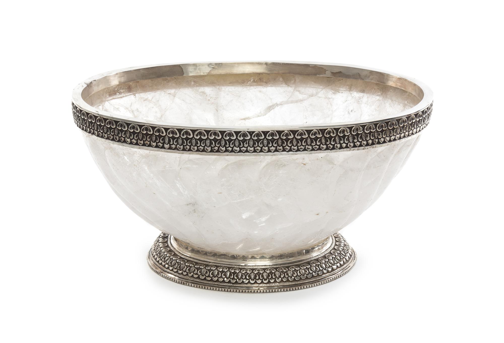 A Silvered Metal Mounted Carved Rock Crystal Center Bowl Diameter 17 1/2 inches. — 20TH CENTURY