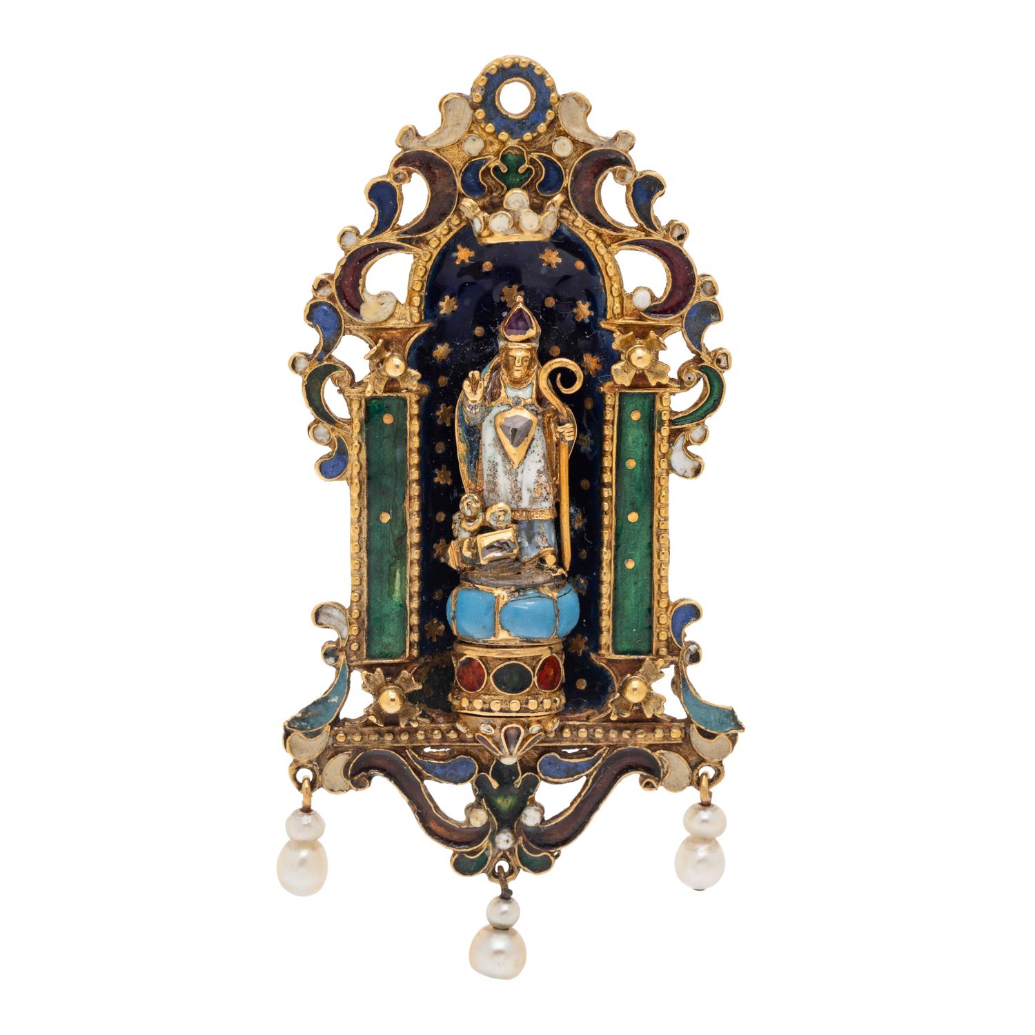 RENAISSANCE, YELLOW GOLD, MULTIGEM AND POLYCHROME ENAMEL PENDANT