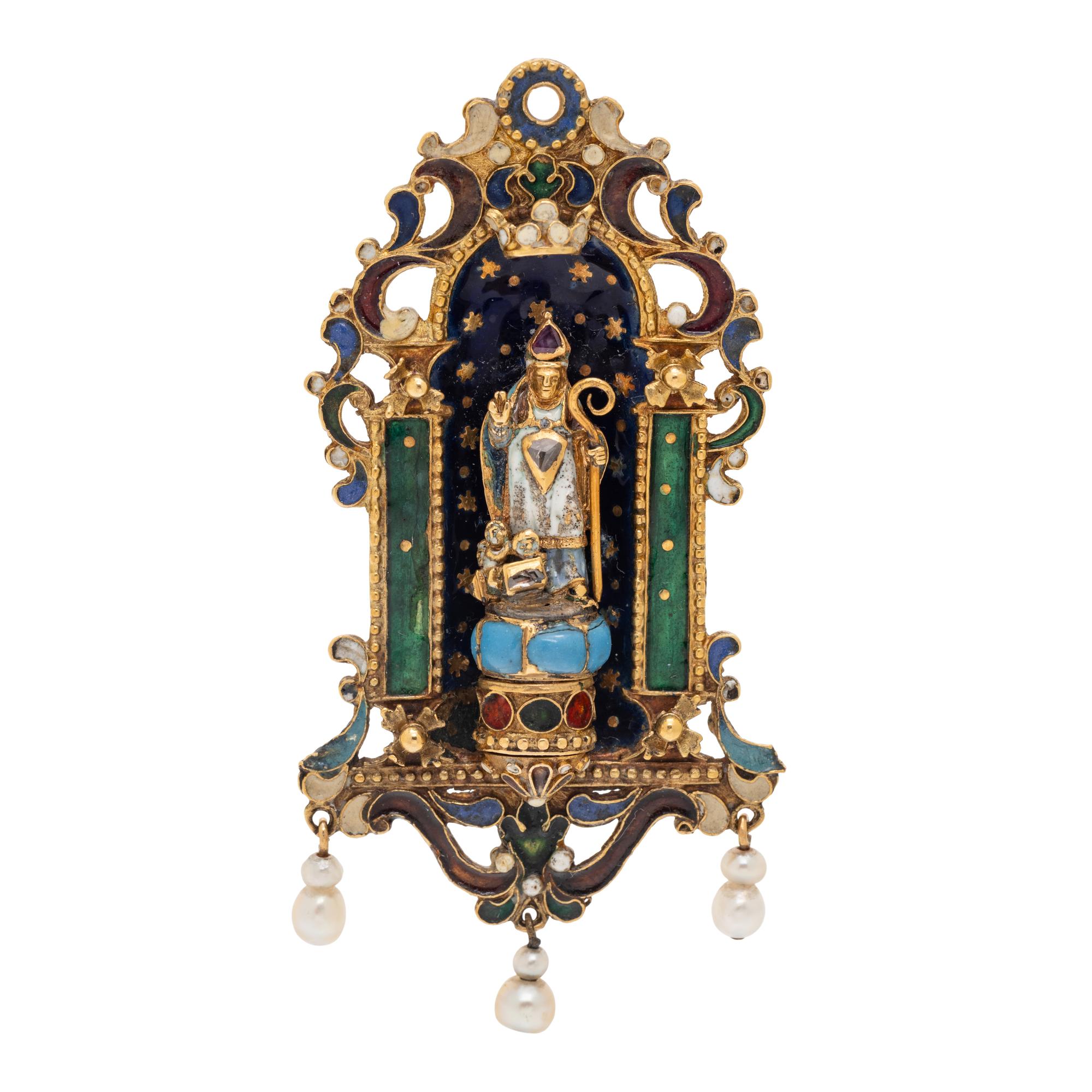 RENAISSANCE, YELLOW GOLD, MULTIGEM AND POLYCHROME ENAMEL PENDANT