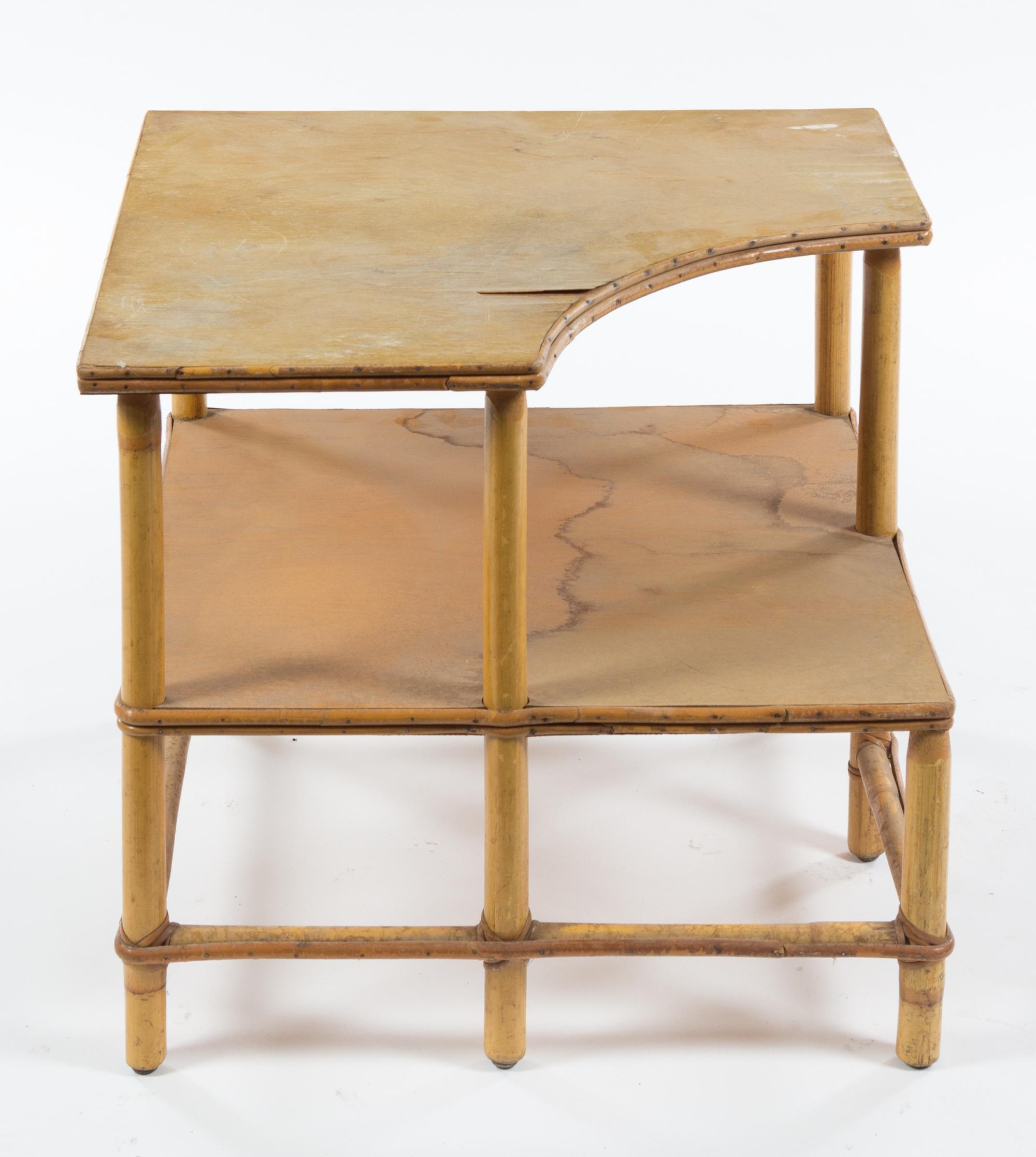 A Modern Wood Side Table Height 23 x width 27 1/4 x depth 27 1/4 inches.
