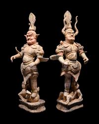 A Pair of Chinese Painted Pottery Figures of Guardians