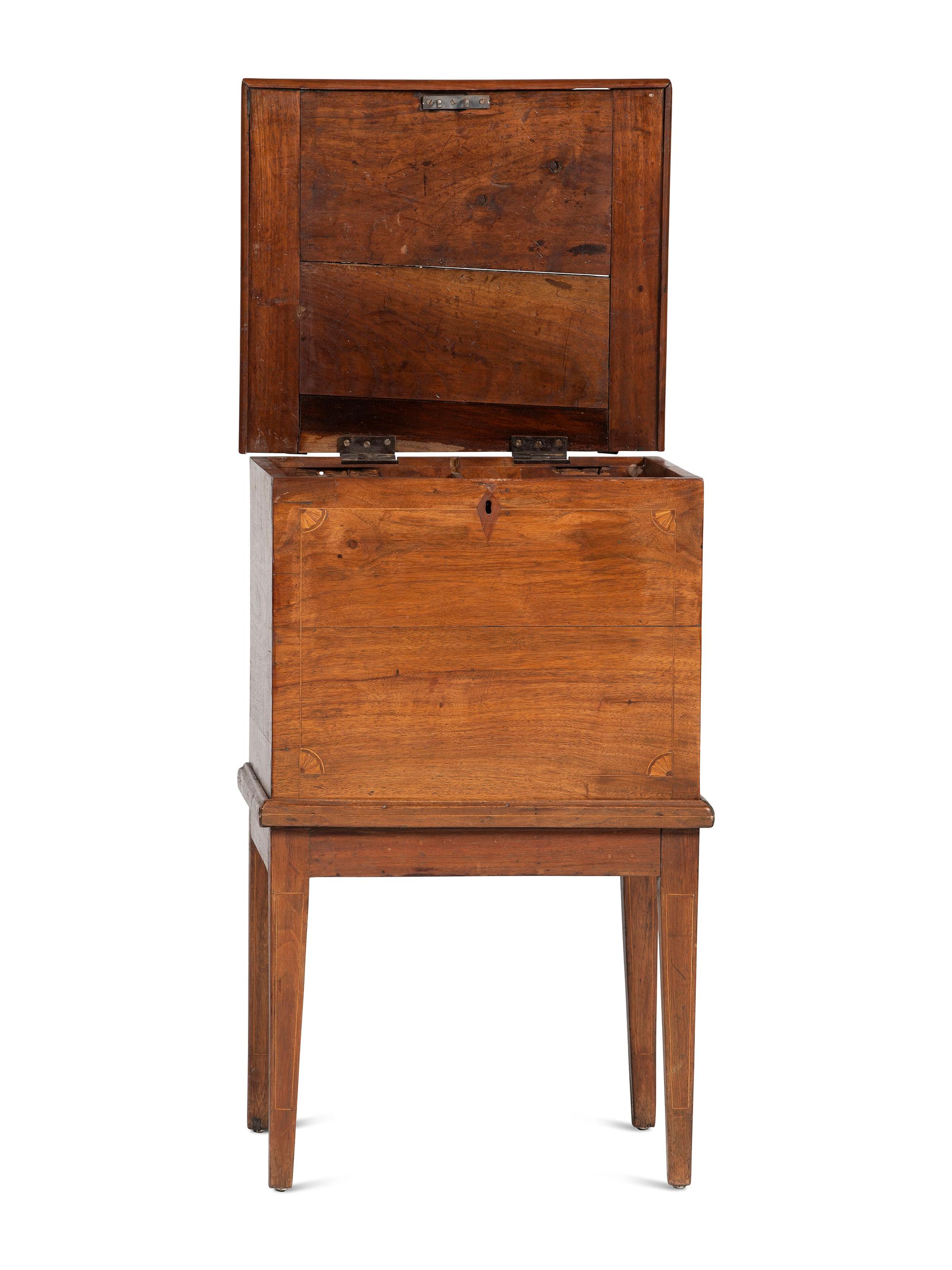 A Late Federal Inlaid Walnut and Cherrywood Sugar Chest on Stand