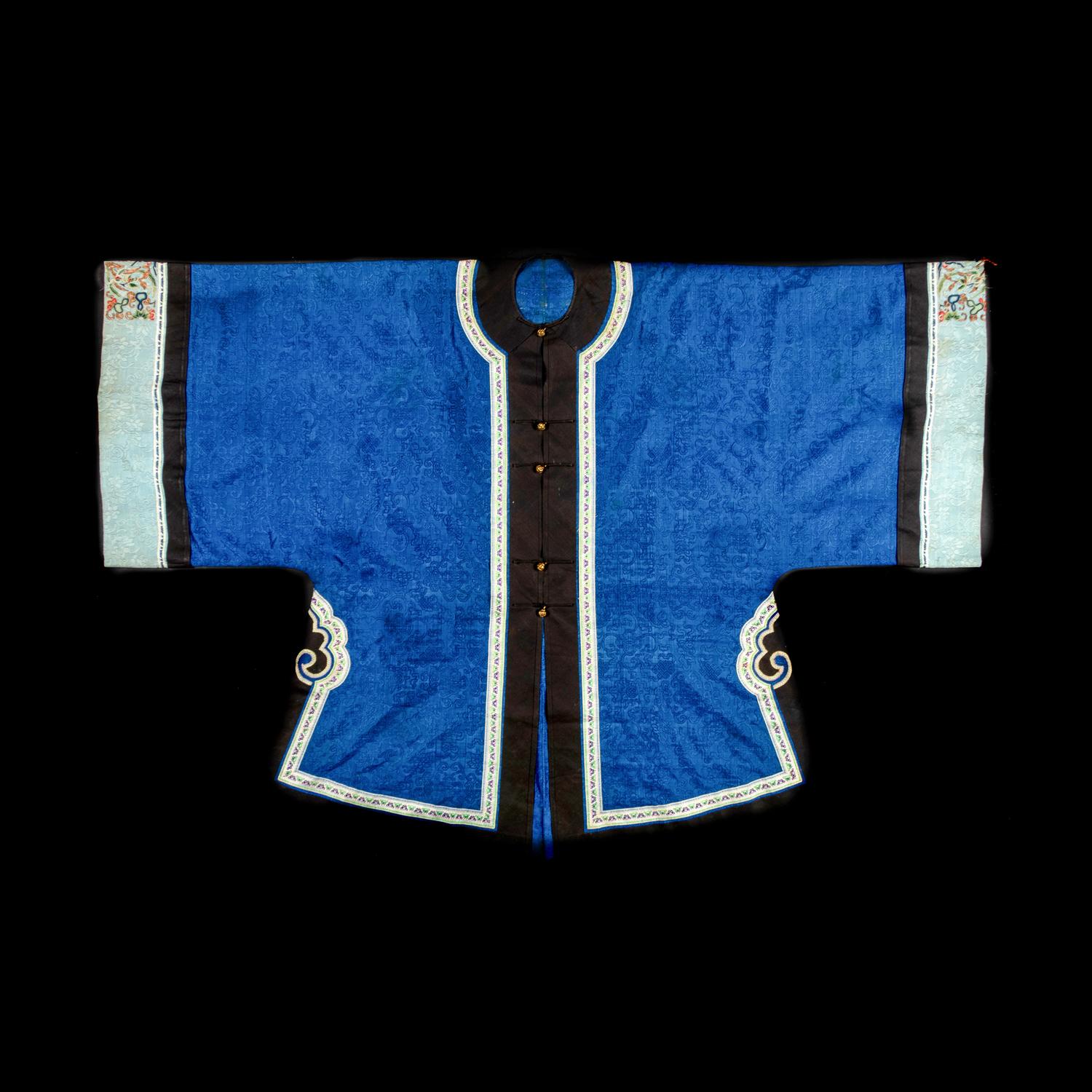 Two Chinese Blue Ground Silk Robes, Late Qing Dynasty 清晚期 藍地盤金繡游龍瑞獸纹道袍及藍地織錦女褂