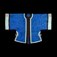 Two Chinese Blue Ground Silk Robes, Late Qing Dynasty 清晚期 藍地盤金繡游龍瑞獸纹道袍及藍地織錦女褂