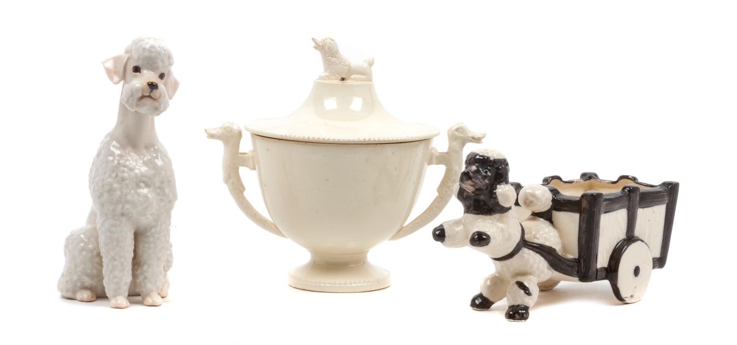 Three Porcelain Poodle Articles Height of tallest 6 1/2 inches.