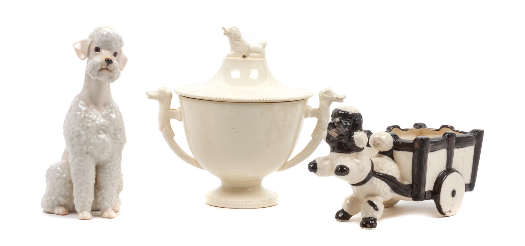 Three Porcelain Poodle Articles Height of tallest 6 1/2 inches.