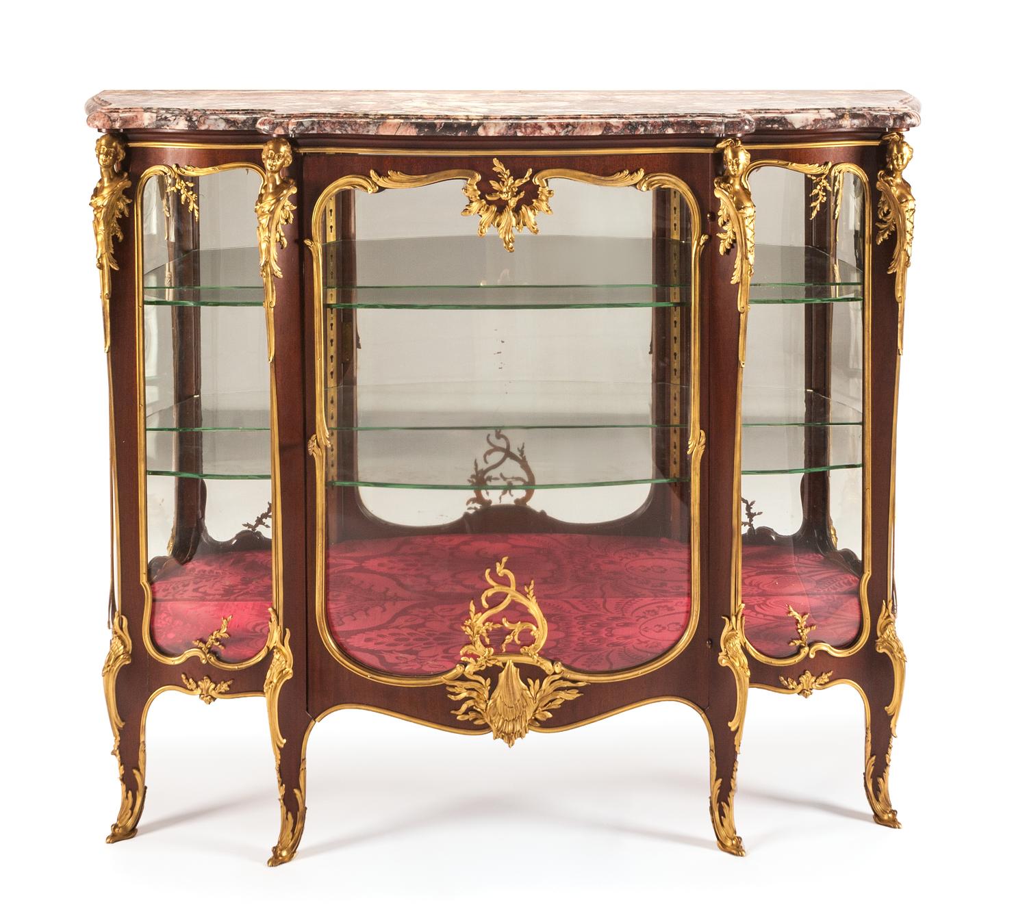 A Louis XV Style Gilt Bronze Mounted Mahogany Vitrine Cabinet Height 48 x width 55 x depth 19 inches. — FRANCOIS LINKE, LATE 19TH CENTURY
