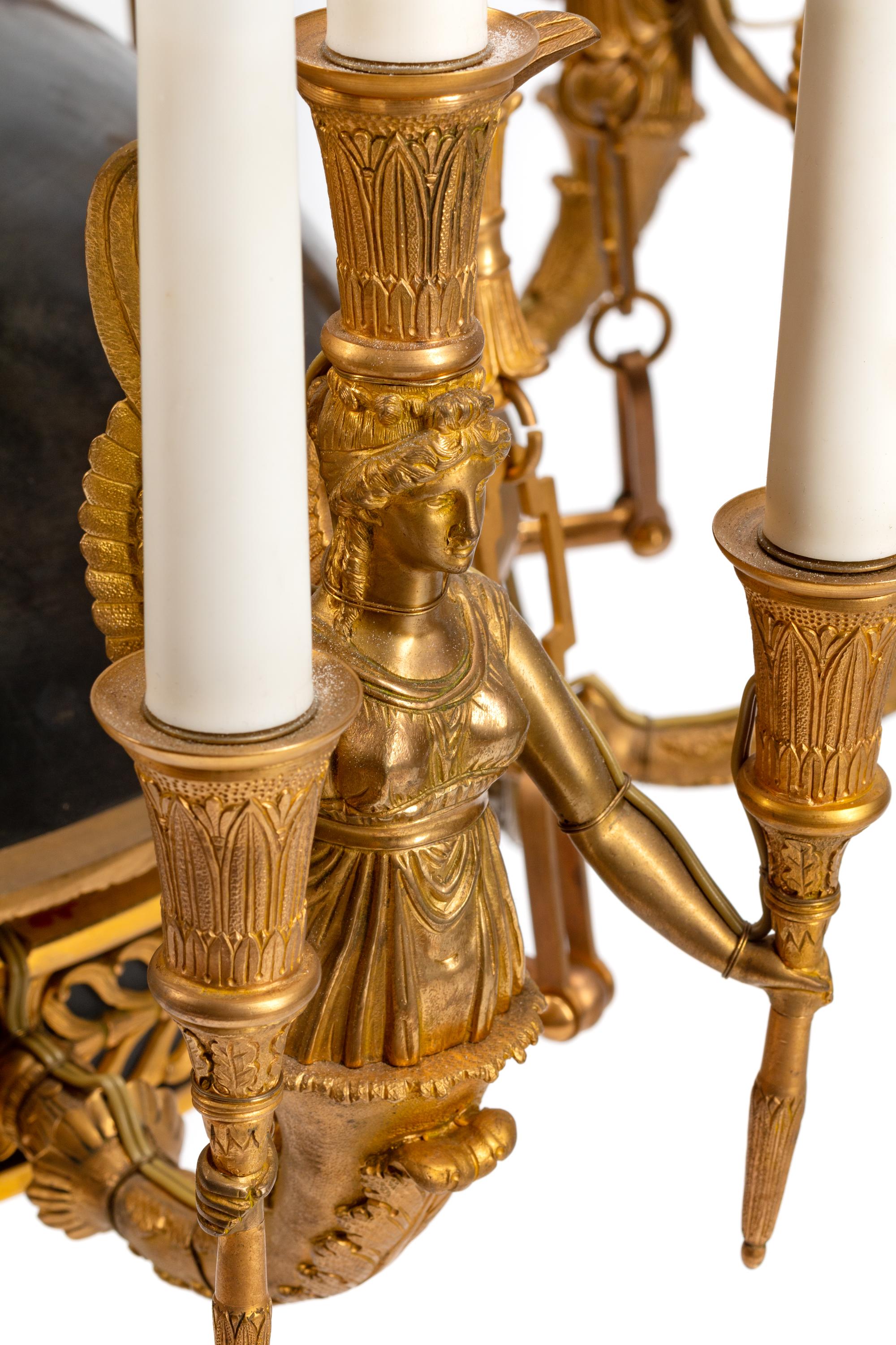 An Empire Style Gilt Bronze and Tôle Figural Chandelier