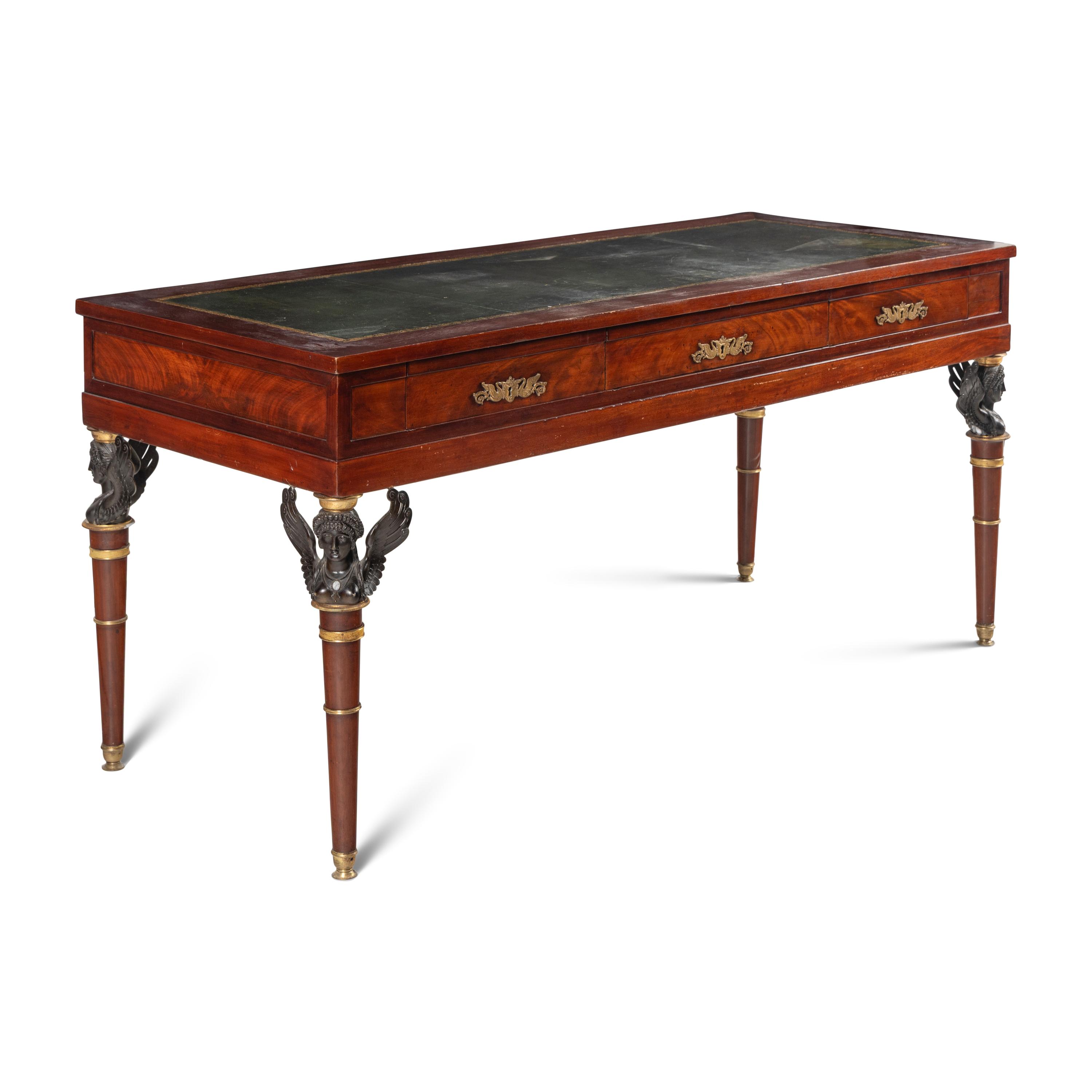 An Empire Style Gilt and Patinated Bronze Mounted Mahogany Bureau Plat