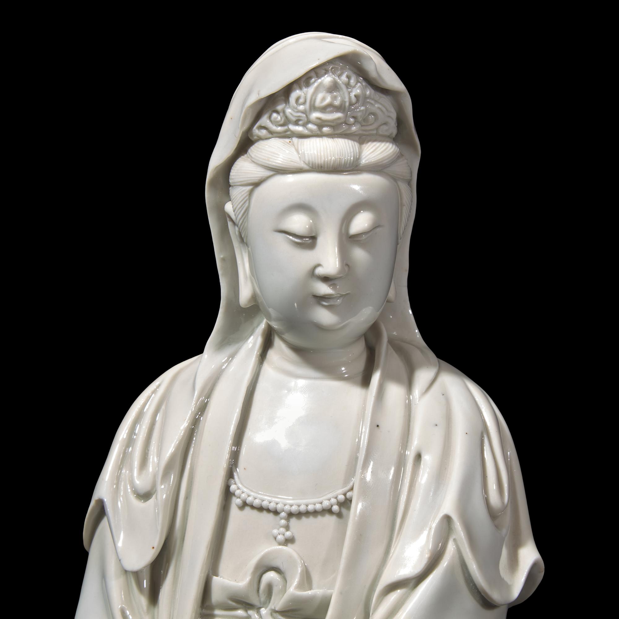 An Impressive Chinese Blanc de Chine Guanyin , Impressed Sunjiang Shanren M ark, 17th/18th Century 清早期 筍江山人款德化白瓷觀音立像