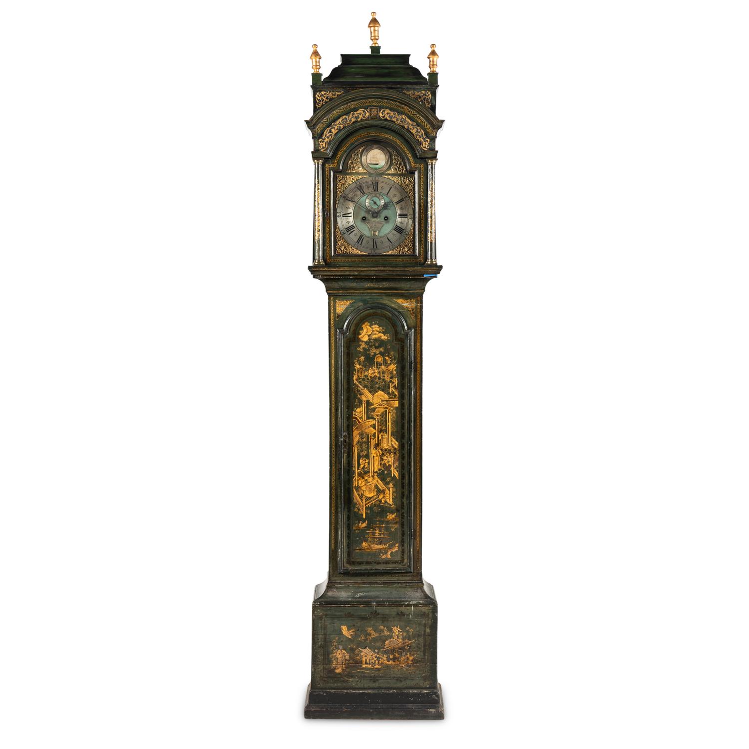 A George III Green and Gilt-Japanned Longcase Clock