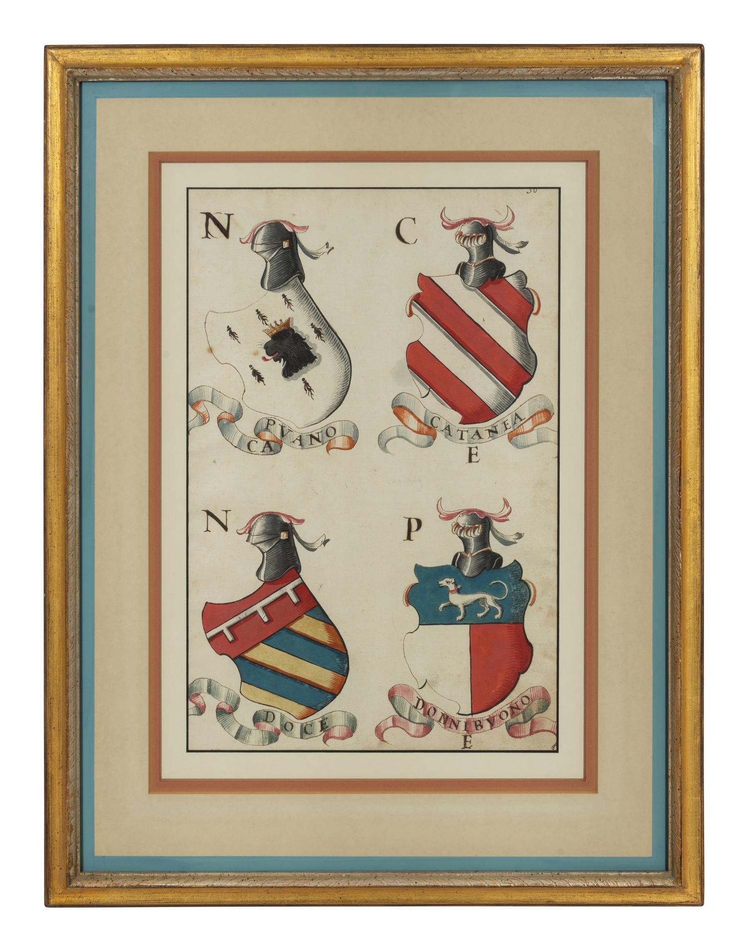 A Set of Italian Watercolor and Gouache Drawings of Coats of Arms