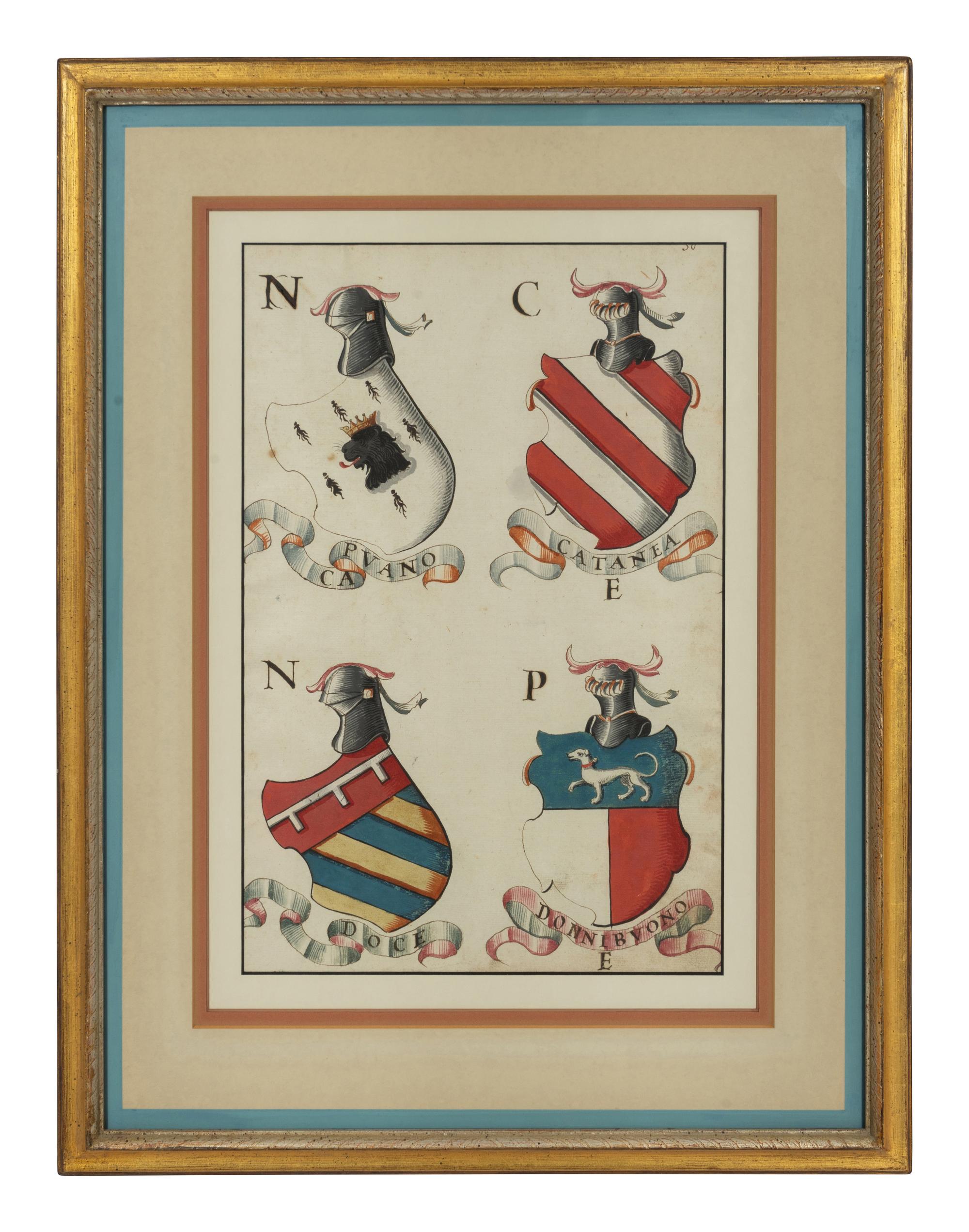 A Set of Italian Watercolor and Gouache Drawings of Coats of Arms