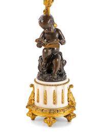 A Pair of Louis XVI Style Gilt and Patinated Bronze Six-Light Figural Candelabra