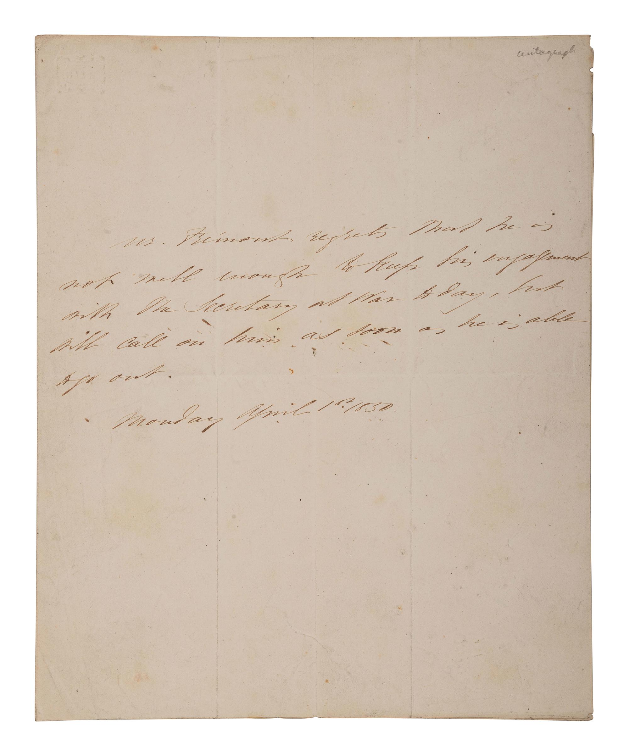 [POLITICS]. 3 letters signed by John FREMONT, Simon CAMERON, and Edwin STANTON.