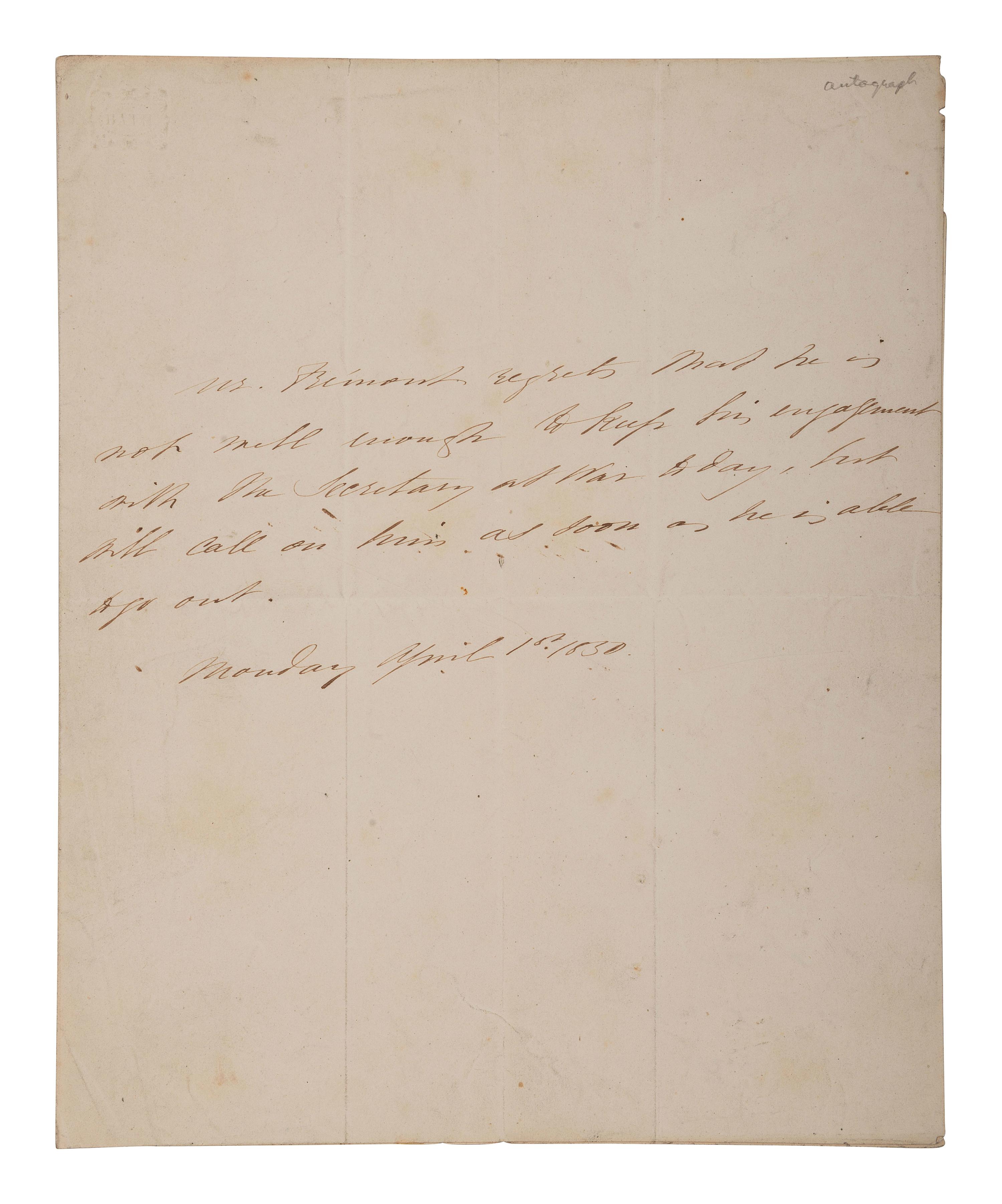 [POLITICS]. 3 letters signed by John FREMONT, Simon CAMERON, and Edwin STANTON.