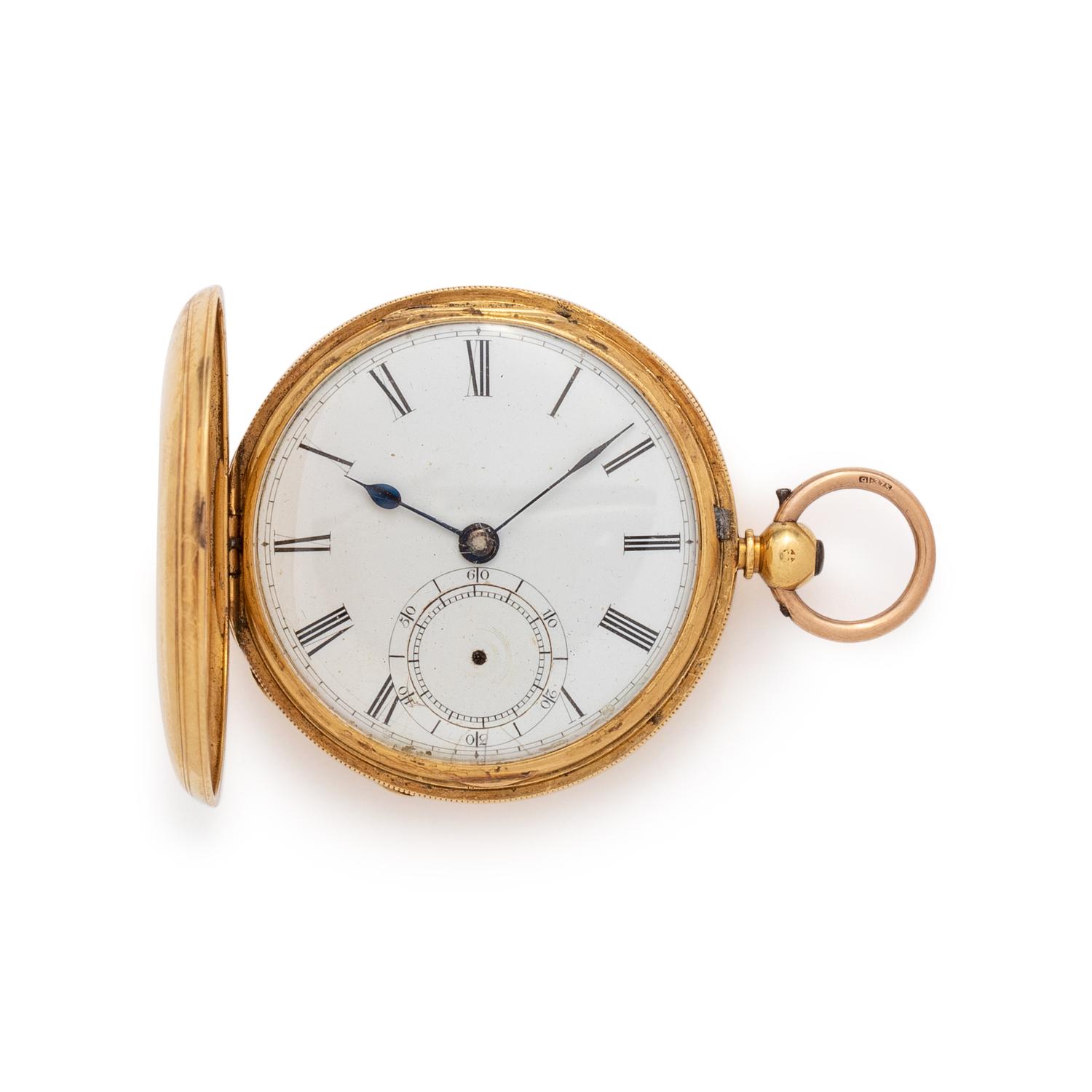 18K YELLOW GOLD HUNTER CASE POCKET WATCH WITH GOLD-FILLED FOB CHAIN