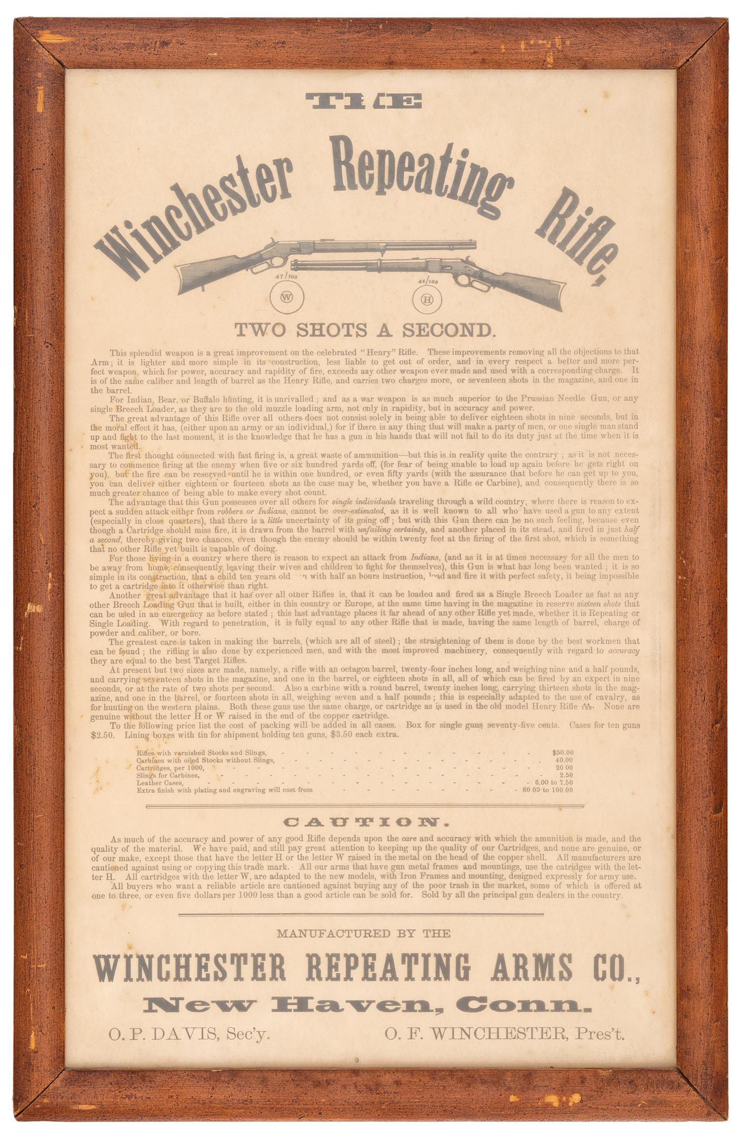 Framed Winchester Repeating Rifle Advertisement