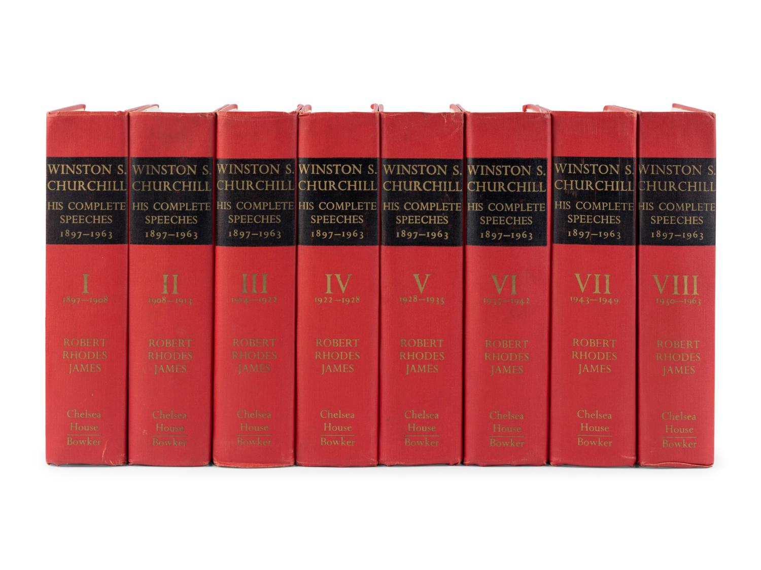 [CHURCHILL, Winston Leonard Spencer, Sir (1874-1965)]. JAMES, Robert Rhodes (1933-1999). Winston S. Churchill: His Complete Speeches 1897-1963. New York: Chelsea House Publishers, 1974.