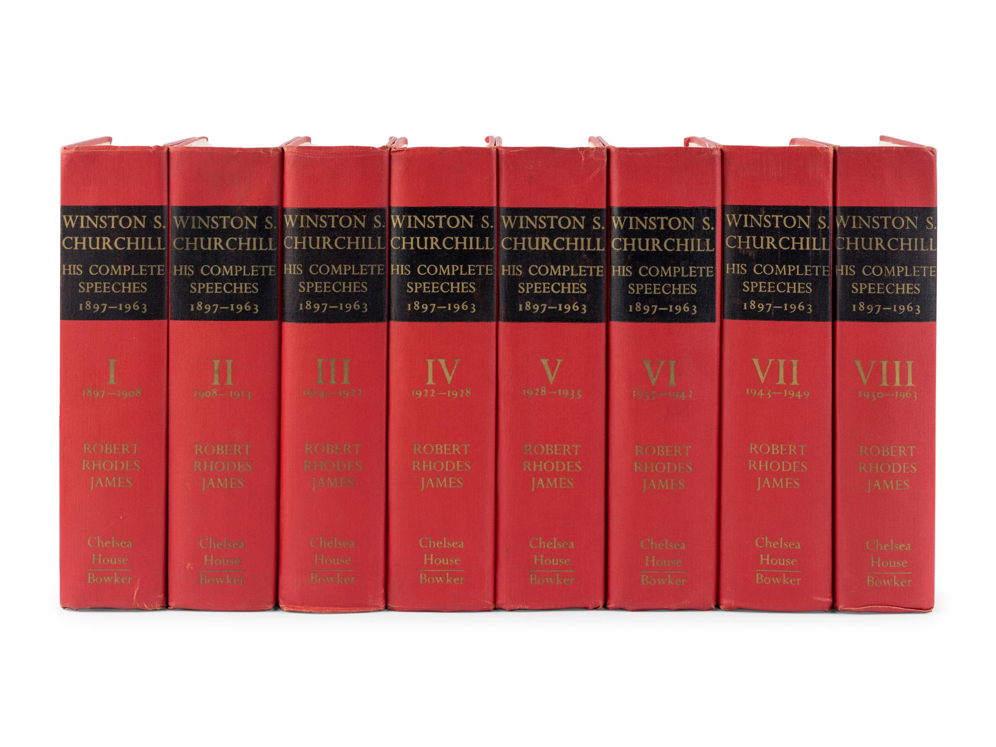 [CHURCHILL, Winston Leonard Spencer, Sir (1874-1965)]. JAMES, Robert Rhodes (1933-1999). Winston S. Churchill: His Complete Speeches 1897-1963. New York: Chelsea House Publishers, 1974.