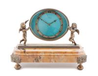 A Swiss Gilt Bronze and Marble Desk Clock, Gubelin, Width 6 3/8 inches.