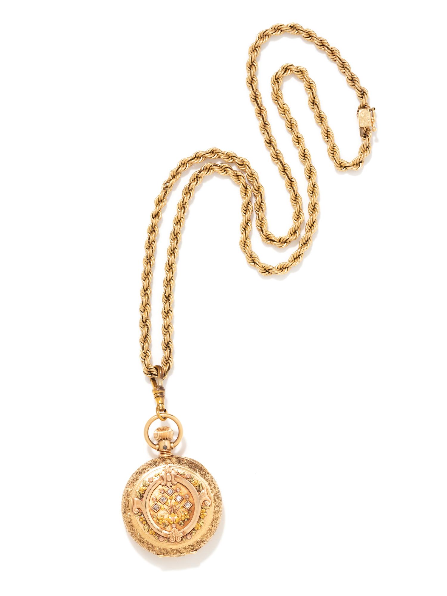 HAMPDEN, 14K TRICOLOR GOLD AND DIAMOND HUNTER CASE POCKET WATCH