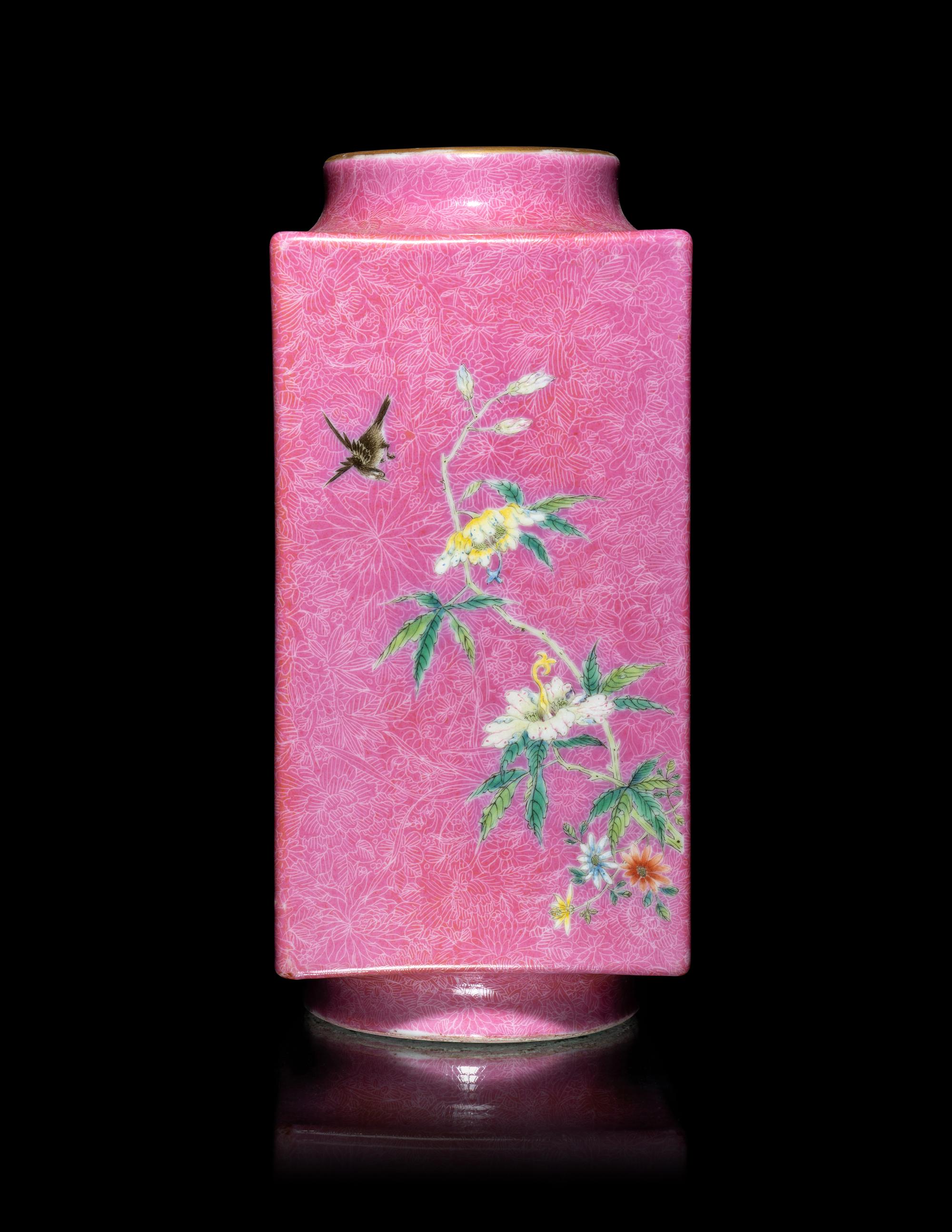 A Chinese Pink Glazed Sgraffito Ground Famille Rose Porcelain Cong Vase