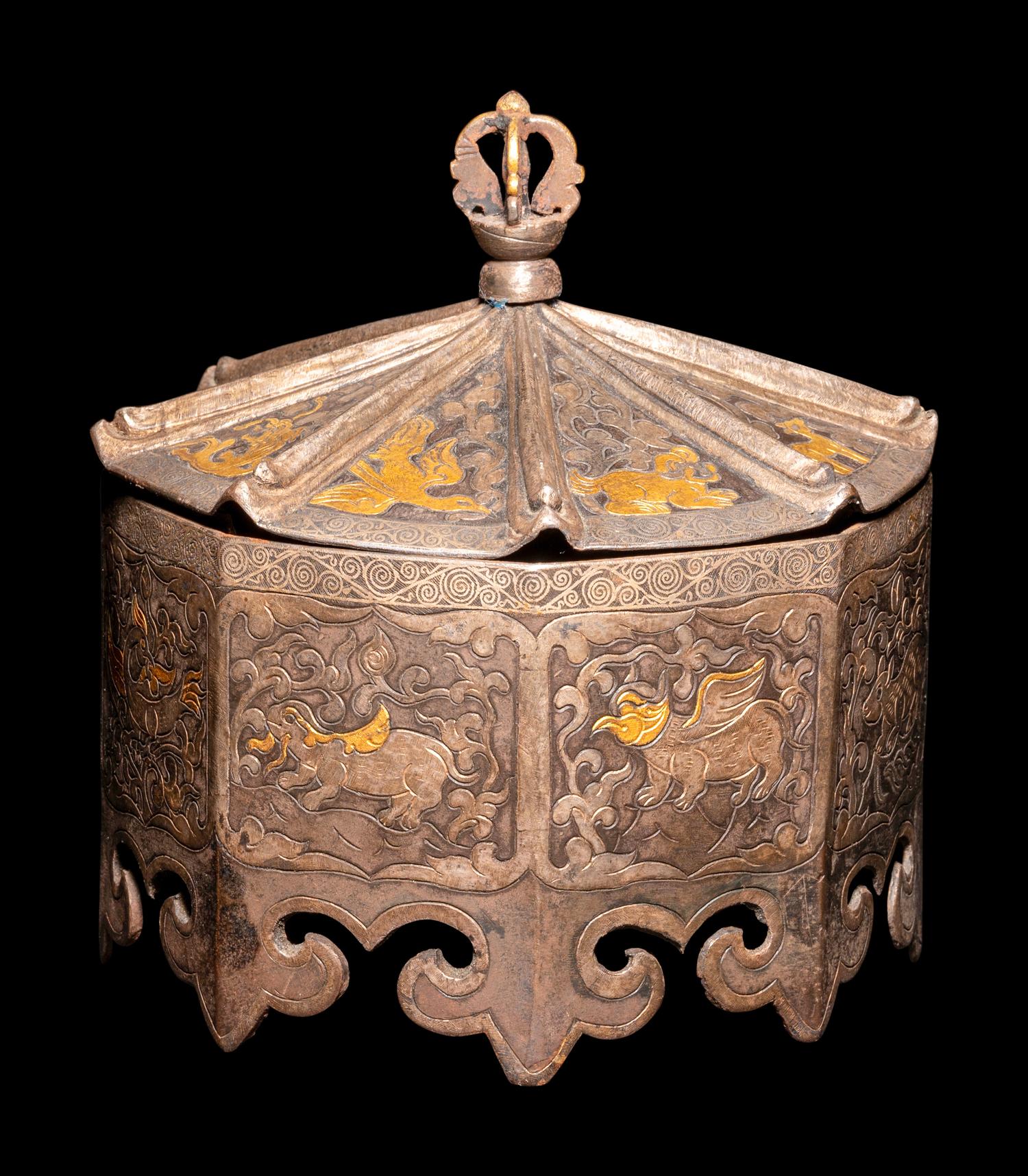 A Tibetan Gilt Inset Metal Covered Box