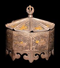 A Tibetan Gilt Inset Metal Covered Box