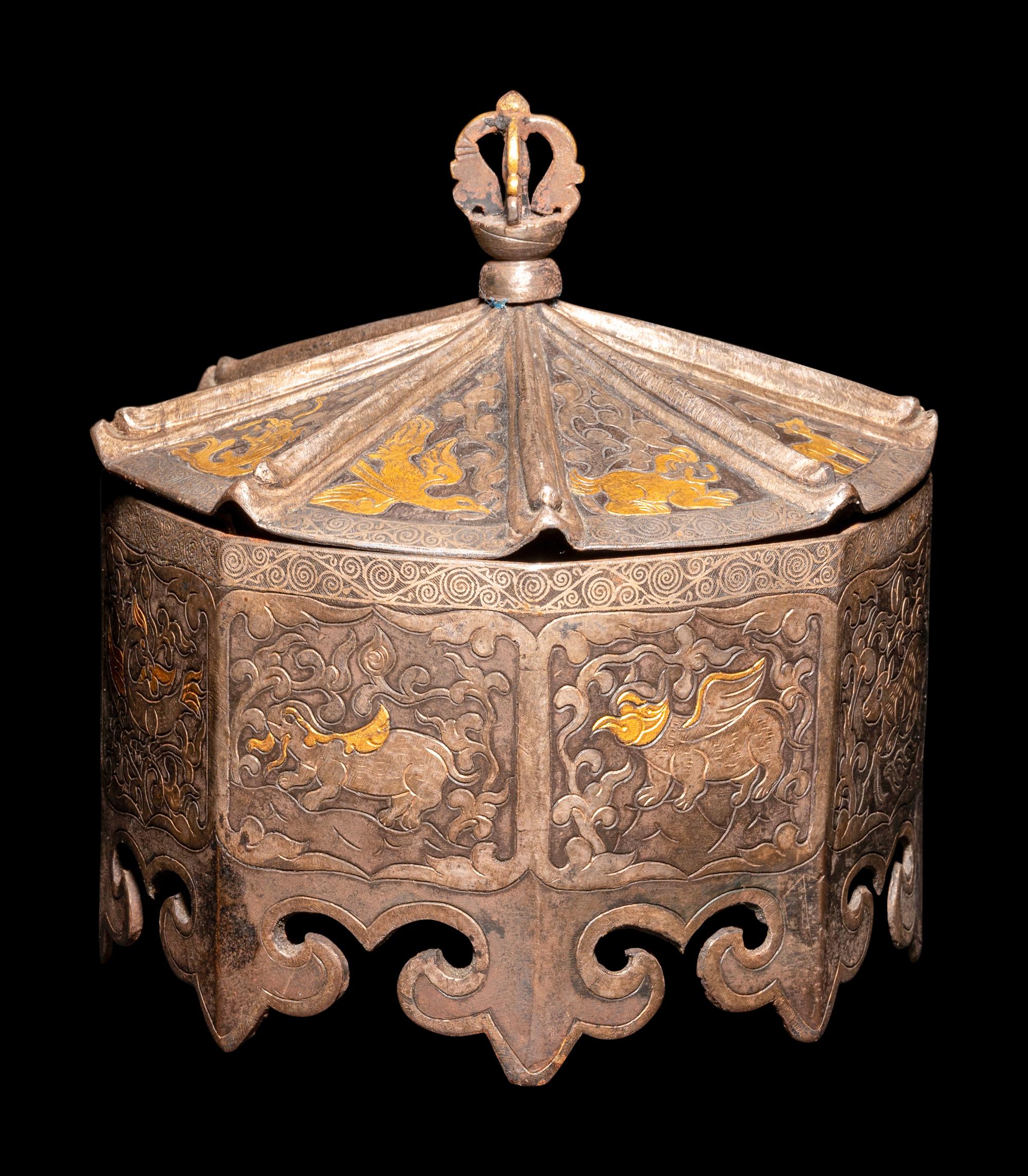 A Tibetan Gilt Inset Metal Covered Box