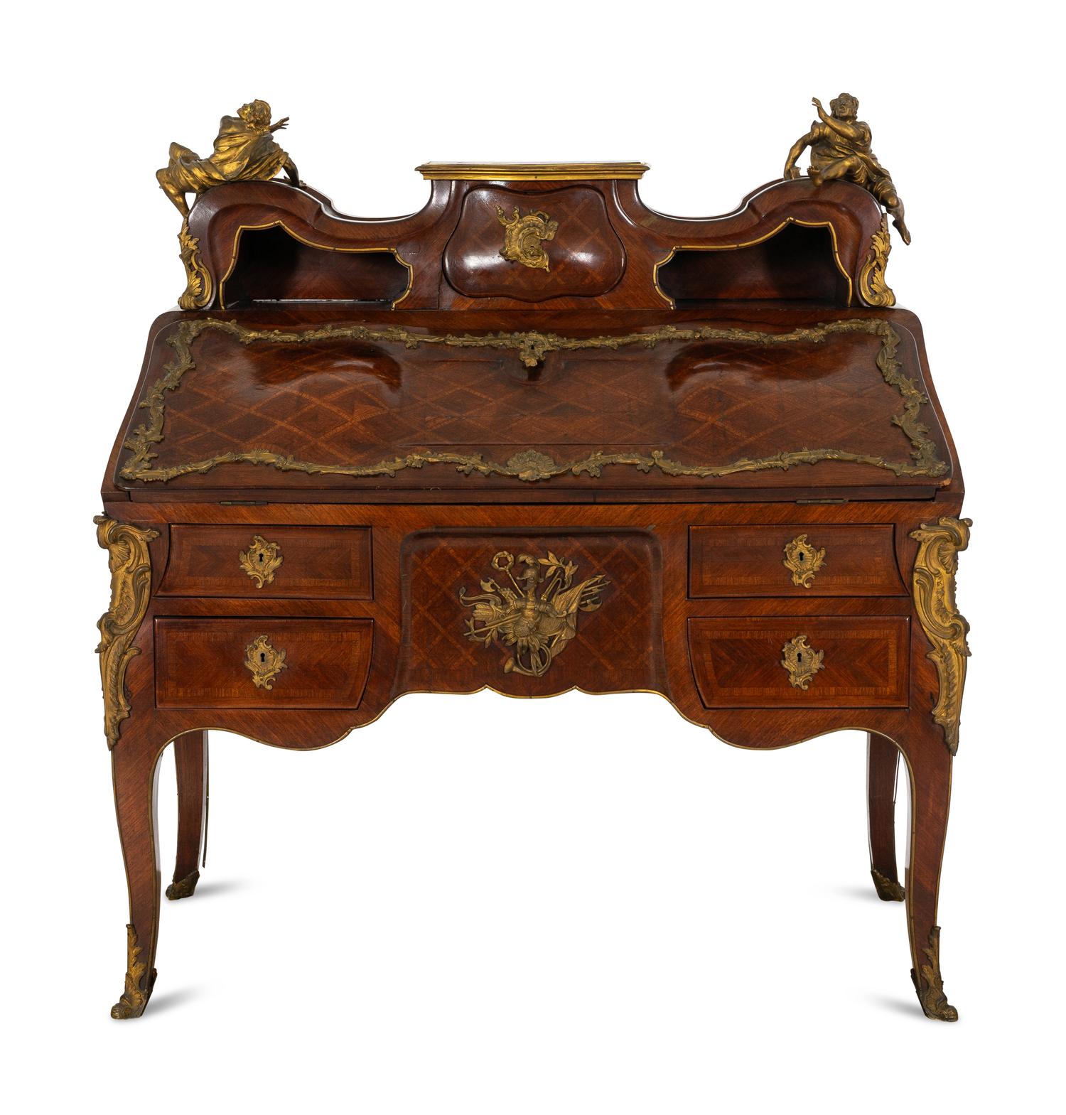 A Fine Louis XV Style Grazioli and Gaudenzi Gilt Bronze Mounted Parquetry Bureau en Pente